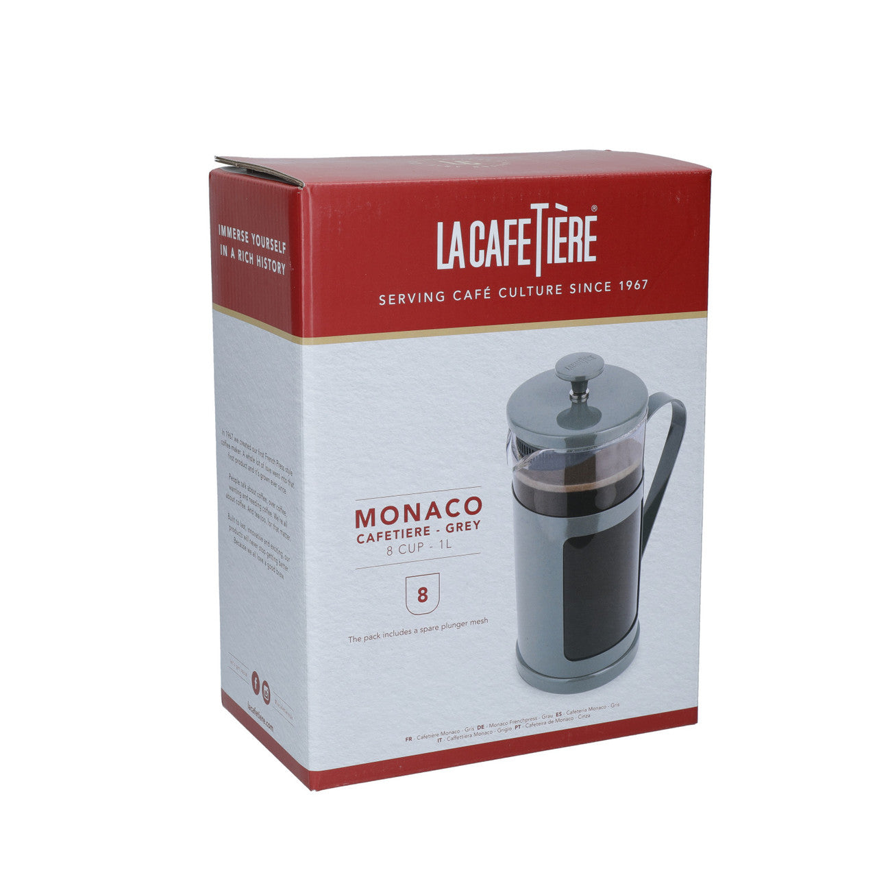 La Cafetière Monaco Stainless Steel Cafetière 8 Cup / 1L (Cool Grey)