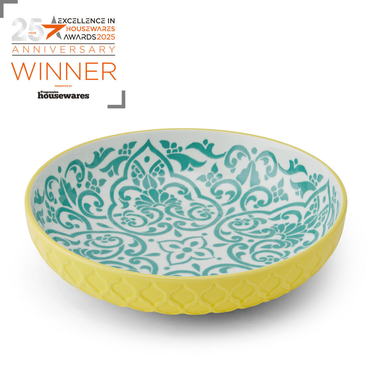 Mikasa Glazed Stoneware Coupe Bowl 21cm (Yellow & Blue Geometric)