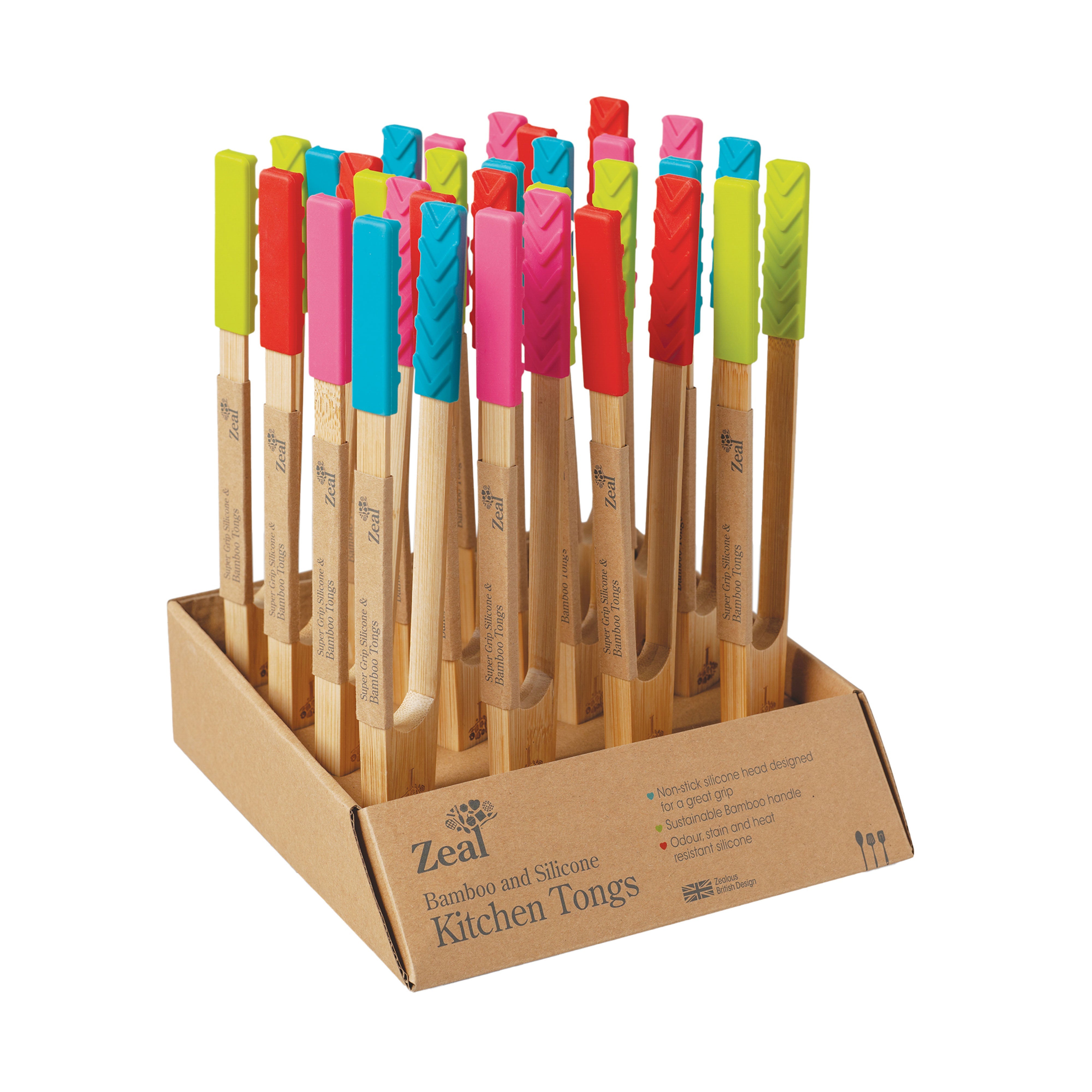 Zeal Bamboo Large Tongs with Silicone Ends (Neon Assorted)