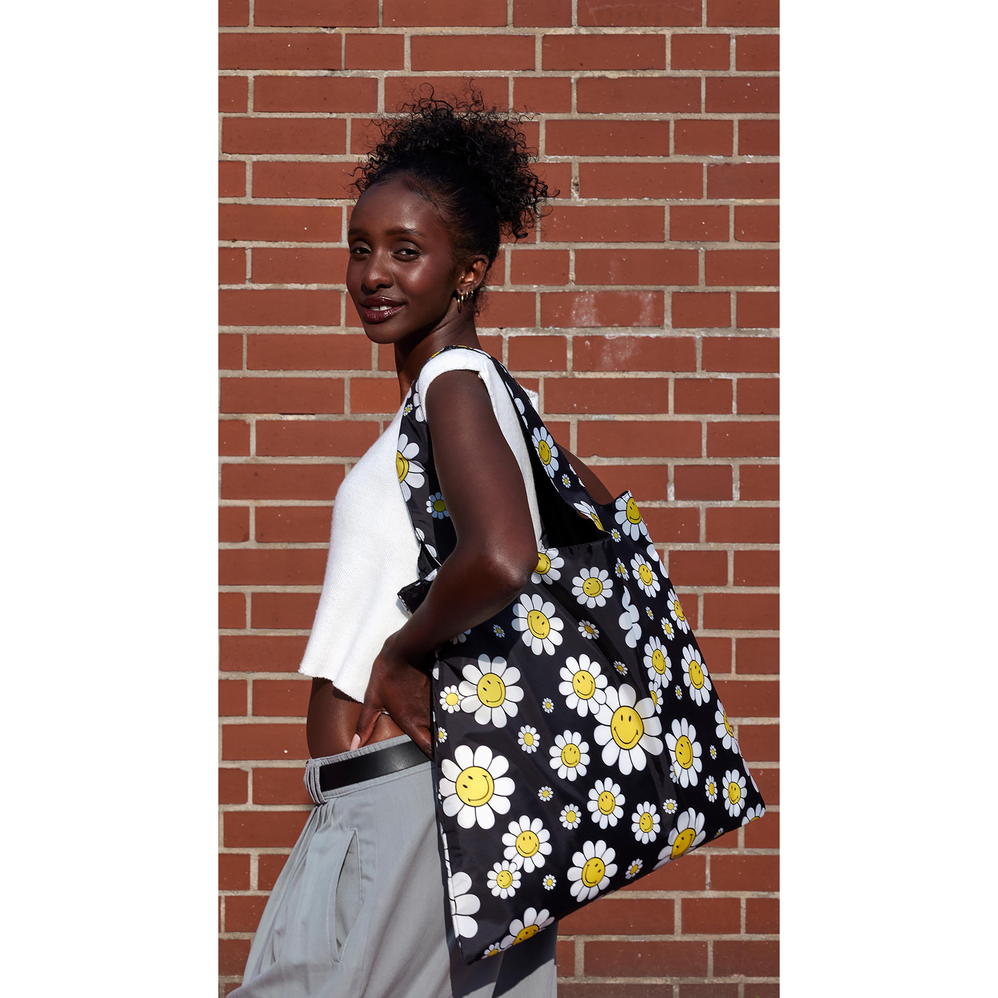 LOQI Smiley Flowers Tote Bag Black