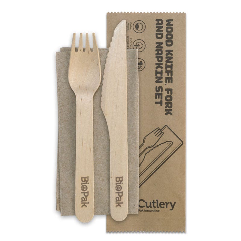 BioPak 16cm Coated Wood Knife, Fork & Napkin Set