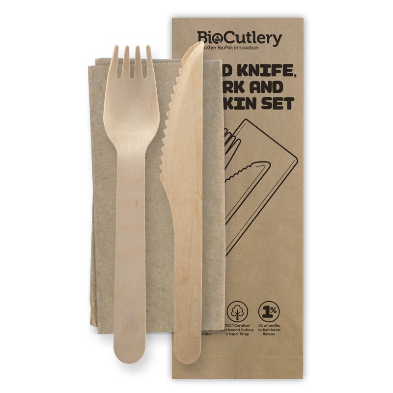 BioPak 16cm Wood Knife, Fork & Napkin Set