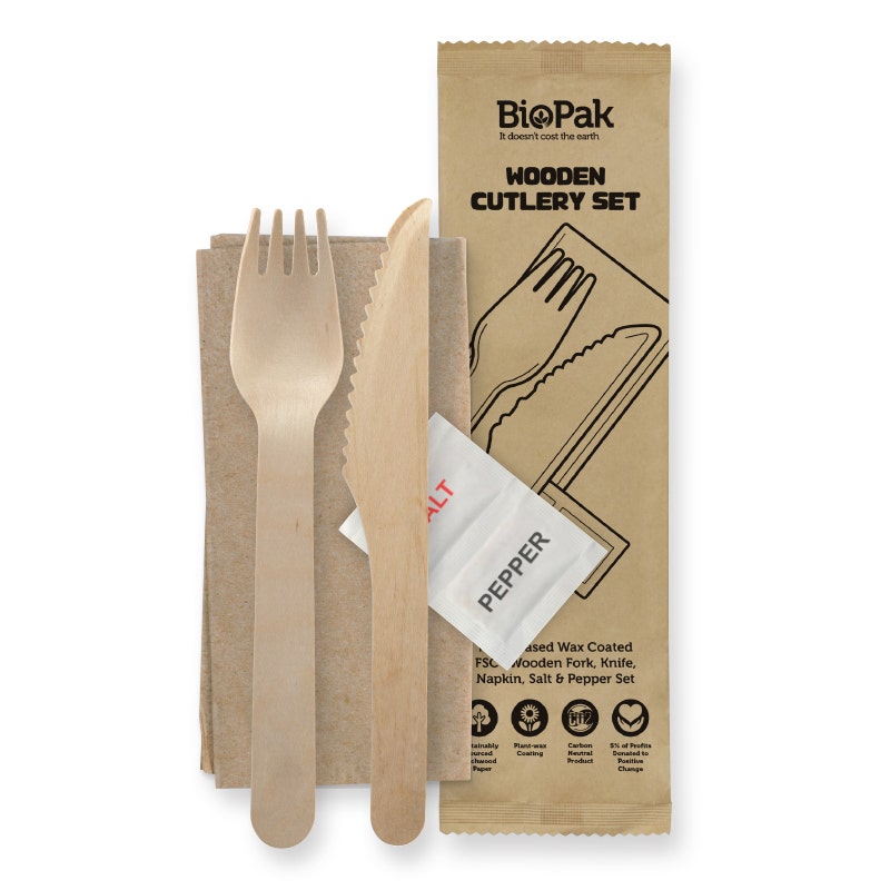 BioPak 16cm Wood Knife, Fork, Napkin, Salt & Pepper set
