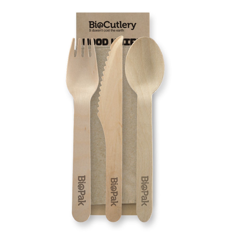 BioPak 16cm Wood Knife, Fork, Spoon & Napkin Set