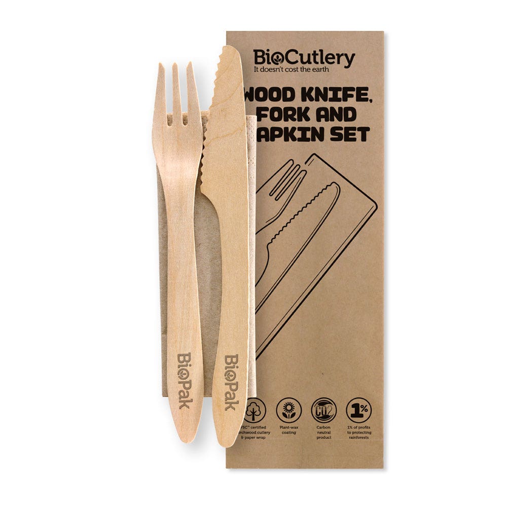 BioPak 19cm Coated Wood Knife, Fork & Napkin Set