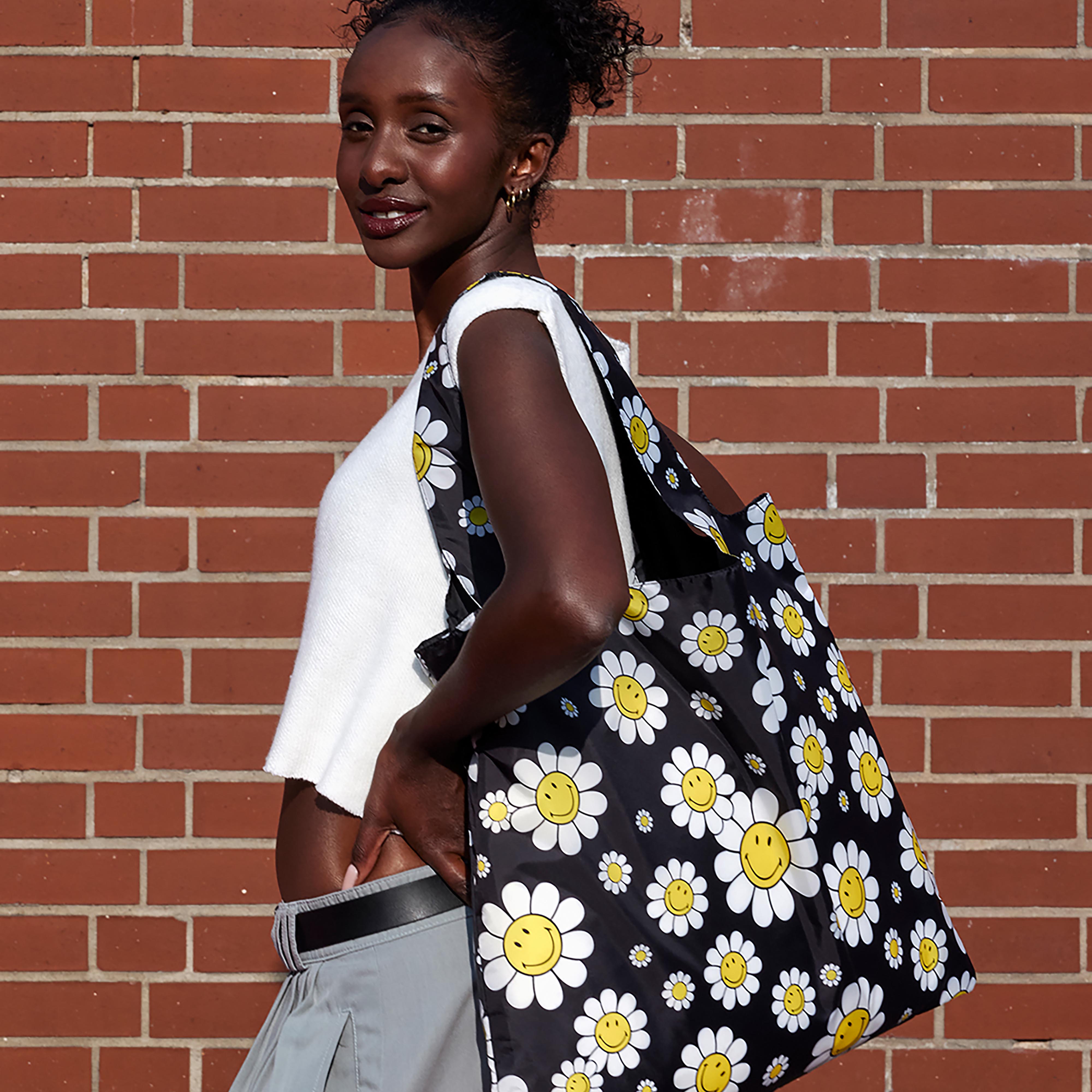 LOQI Smiley Flowers Tote Bag Black