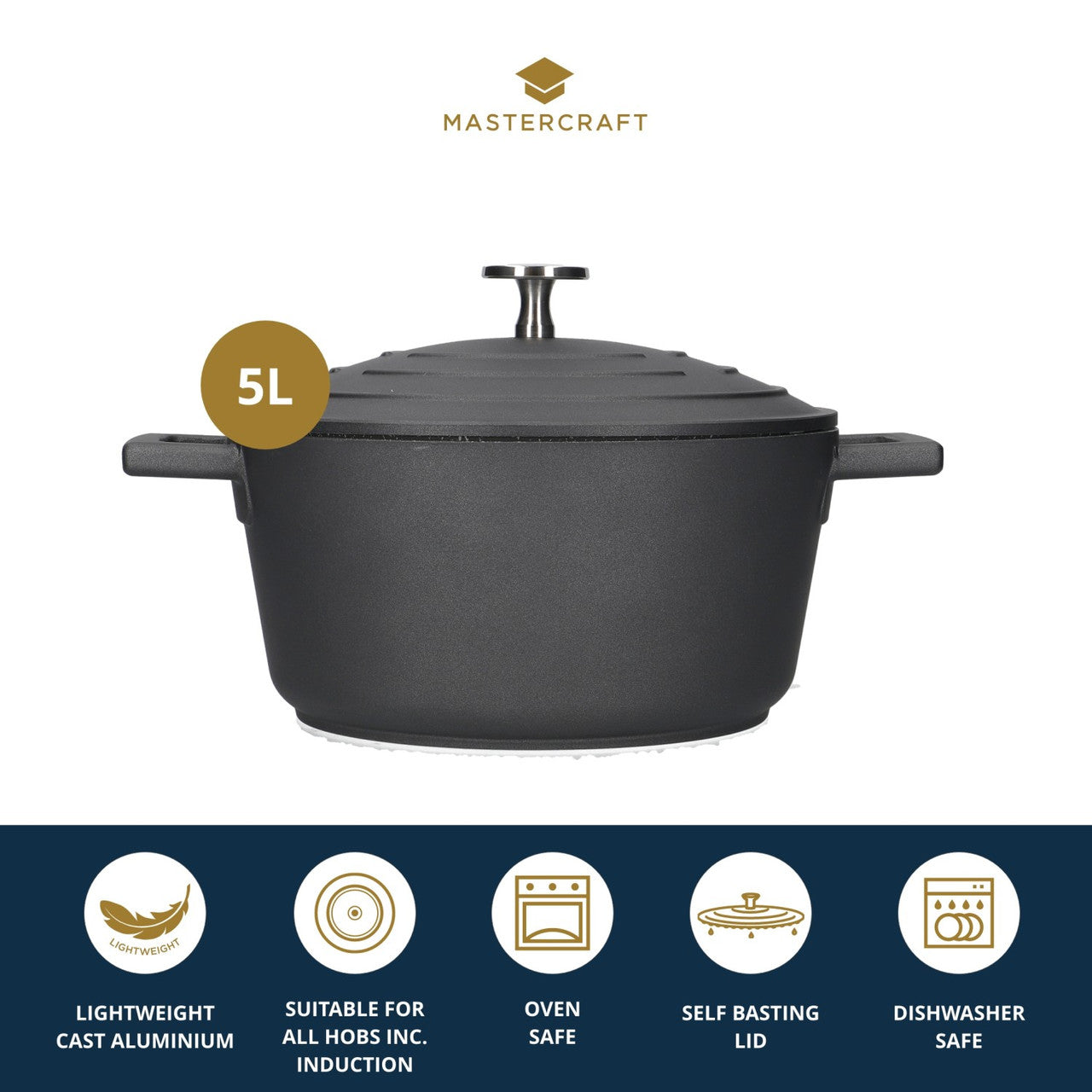 MasterCraft Cast Aluminium Casserole Dish with Lid 28cm / 5L (Black)