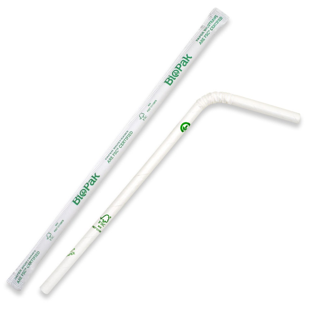 BioPak 6mm Individually Wrapped White Bendy Straw