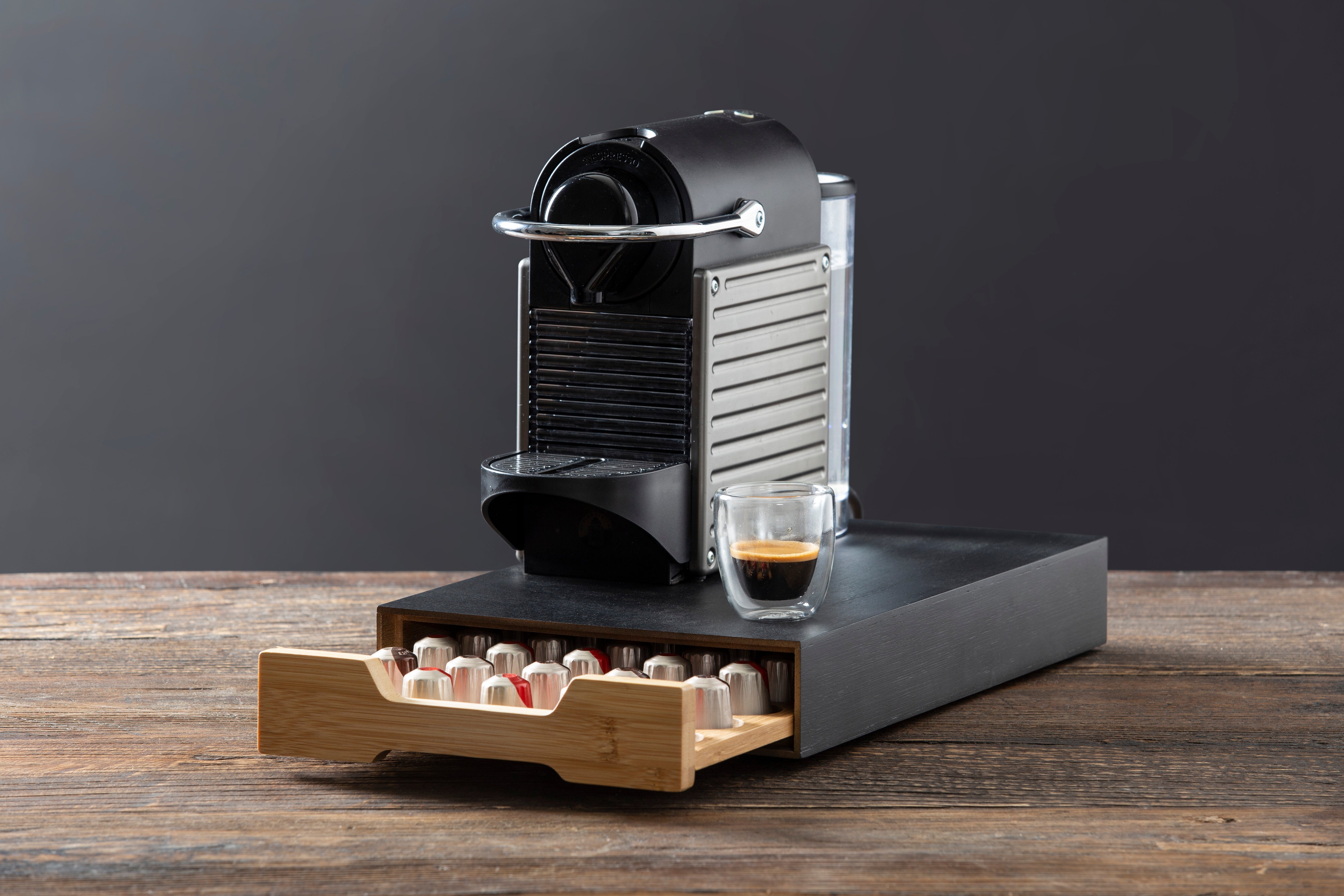 Leaf & Bean Bamboo Coffee Machine Board with Capsule Drawer Black & Natural