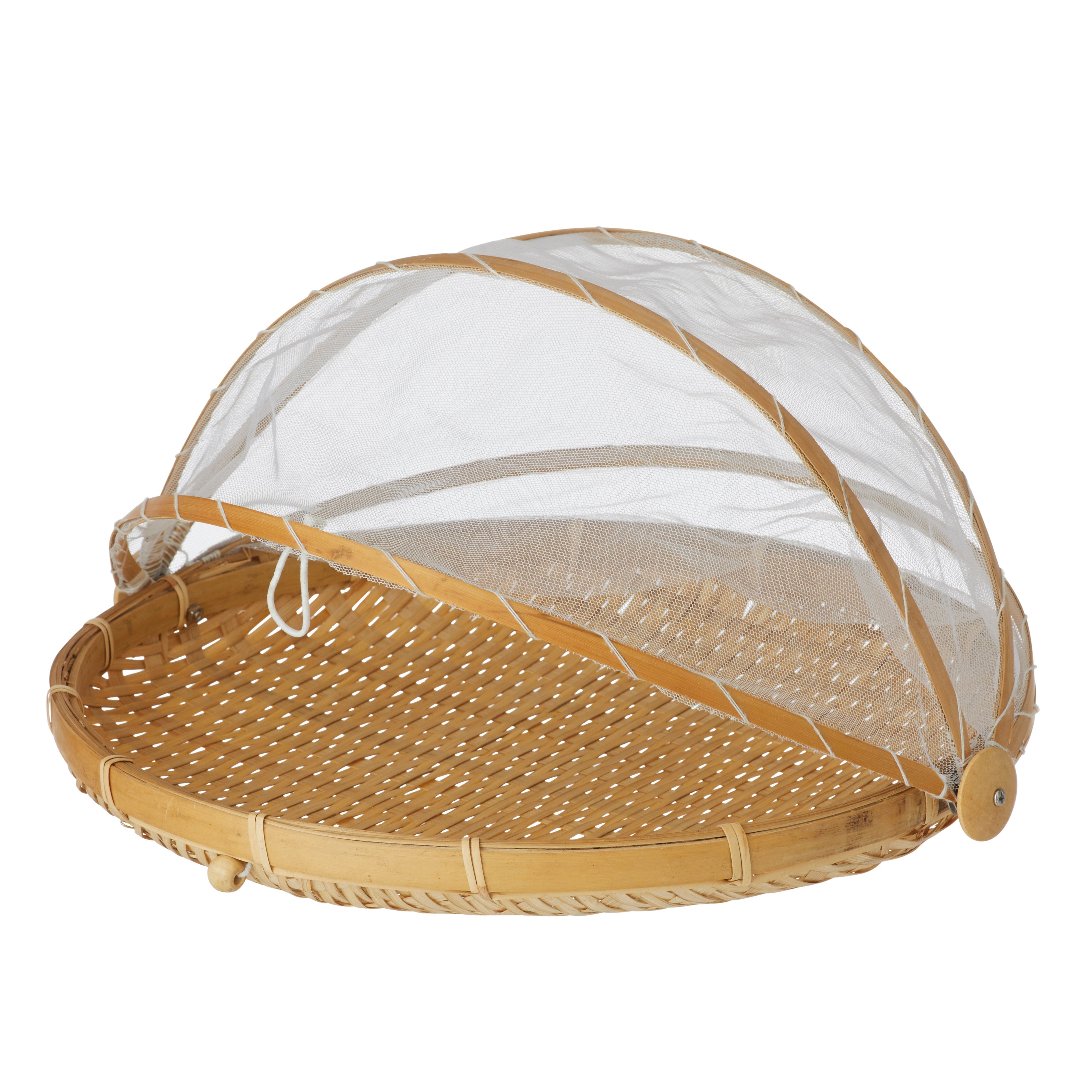 Davis & Waddell Collapsible Mesh Food Cover with Bamboo Tray Natural & 37cm White