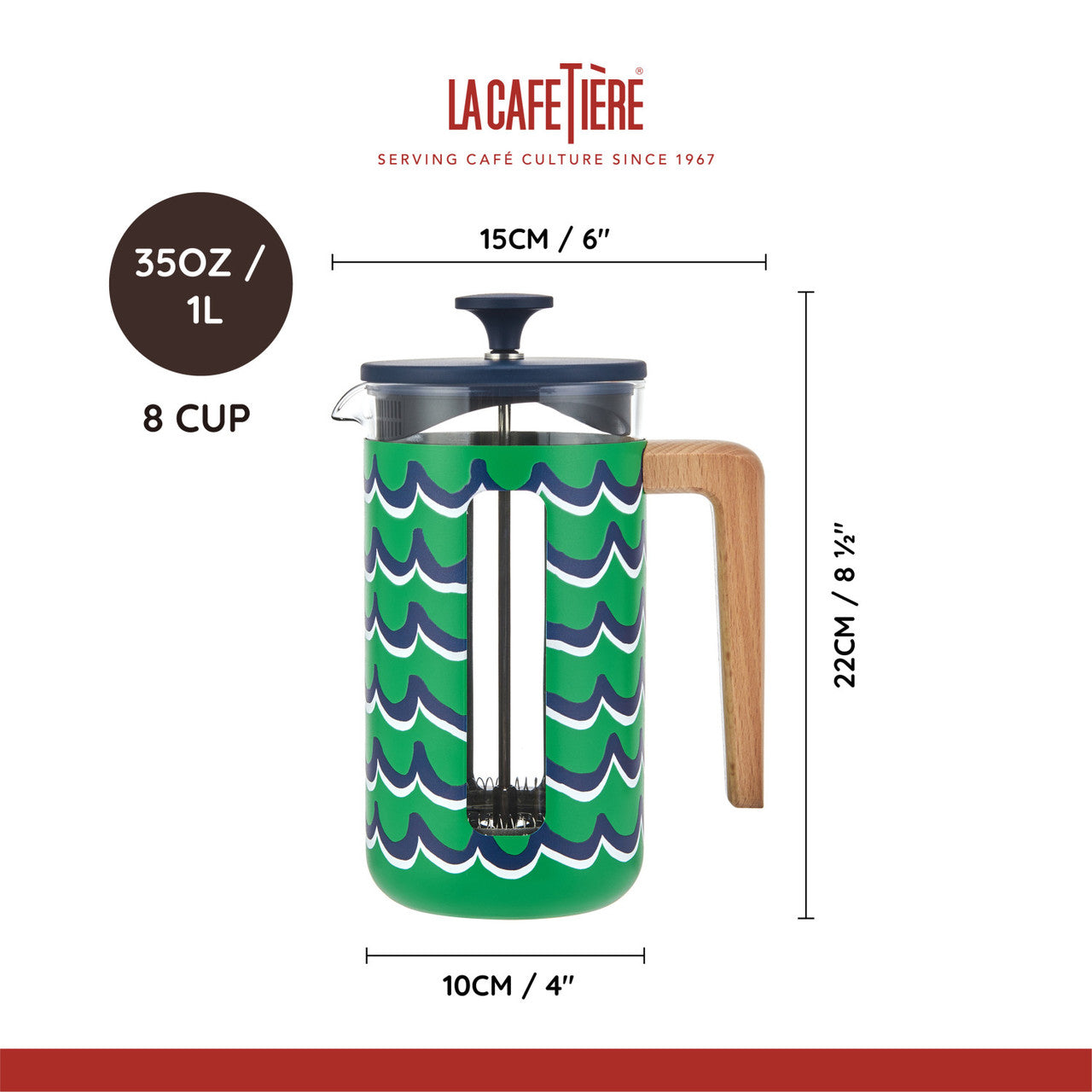 La Cafetière Pisa Stainless Steel Cafetière 8 Cup / 1L (Cyan Tides)