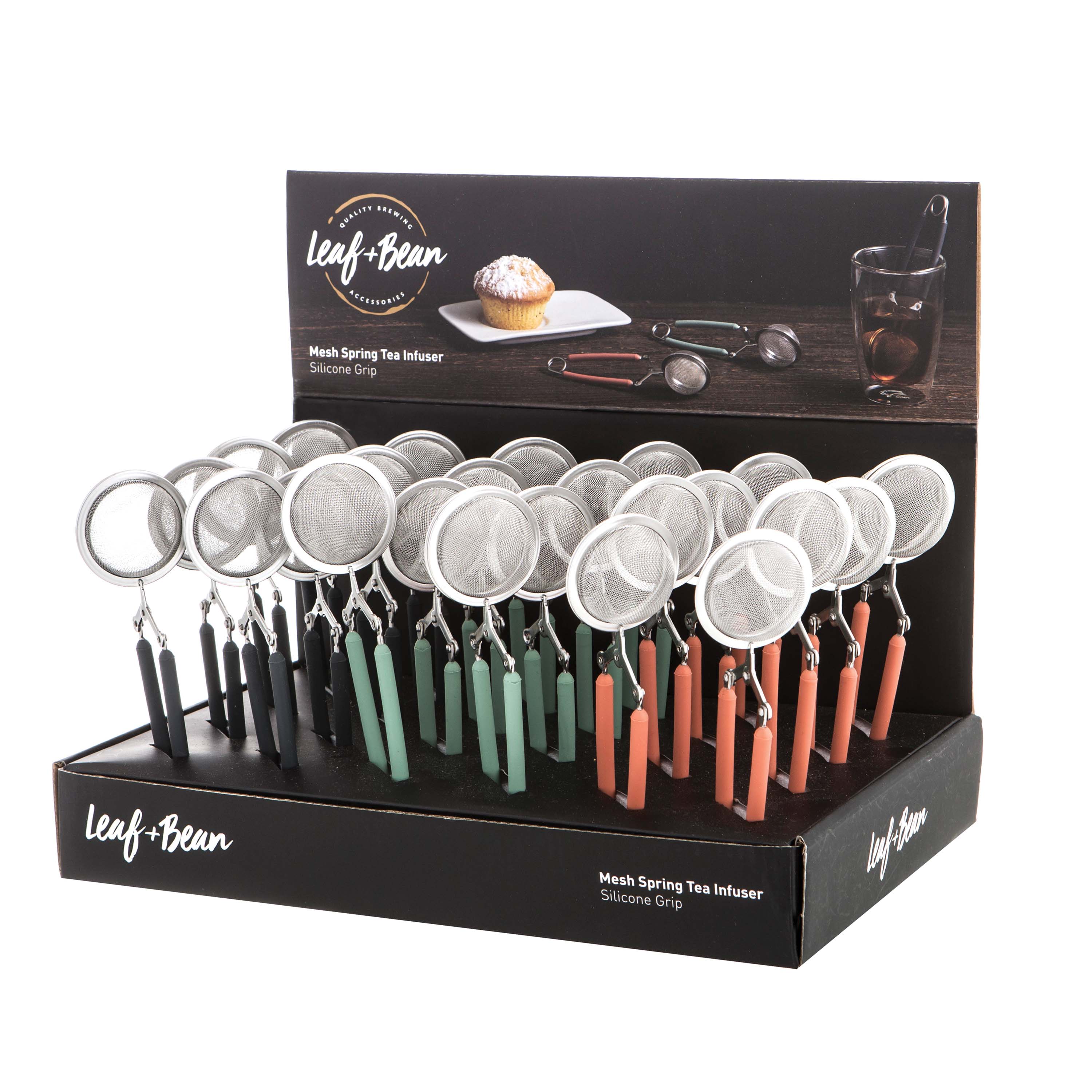 Leaf & Bean Mesh Spring Tea Infuser Silicone Grip CDU 24pc Assorted