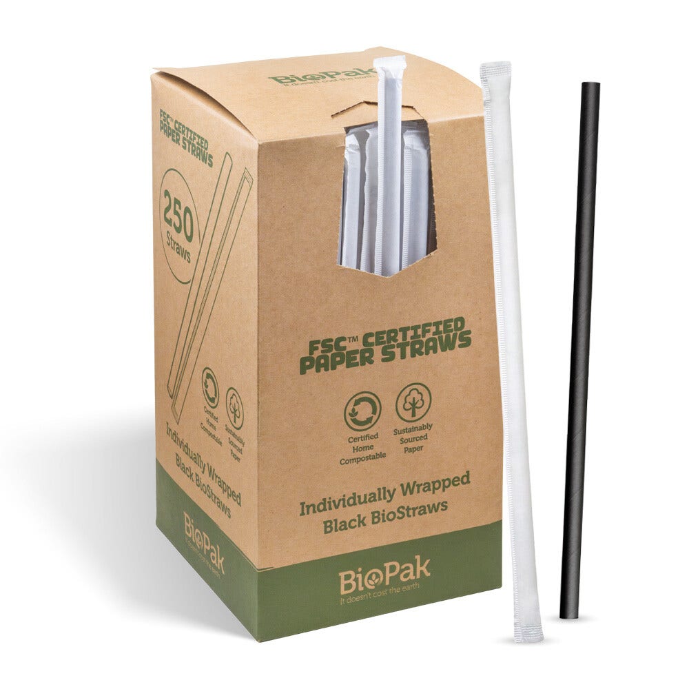 BioPak 7mm Individually Wrapped Regular Black BioStraws