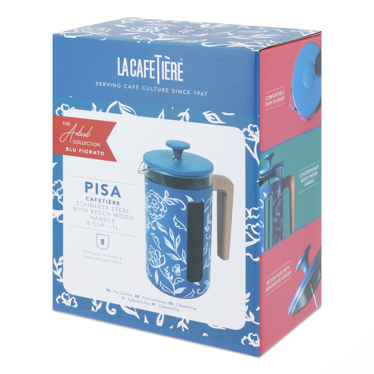 La Cafetière Pisa Stainless Steel Cafetière 8 Cup / 1L (Blu Fiorato)