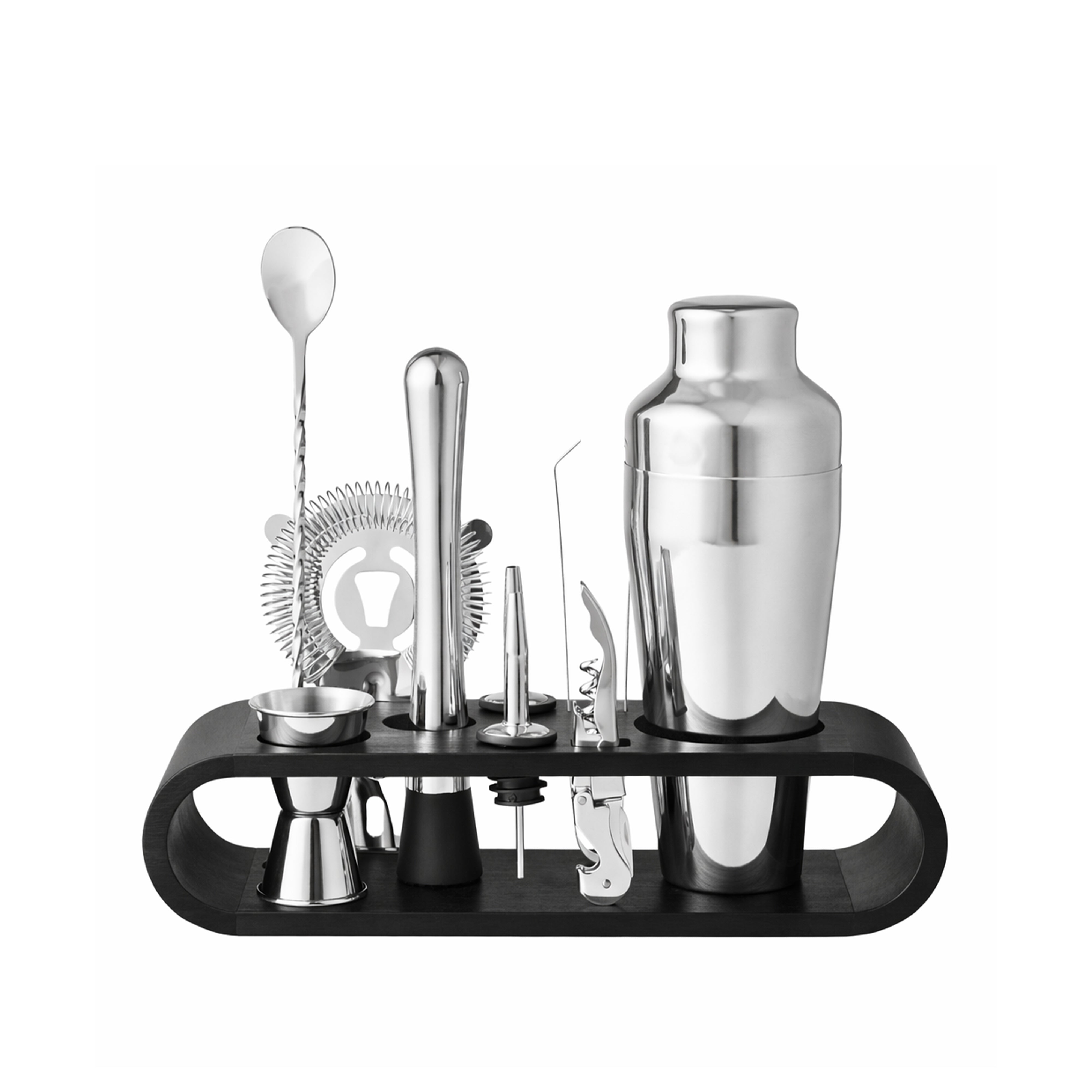 Davis & Waddell 10 Piece Bar Set With Acacia Stand Silver