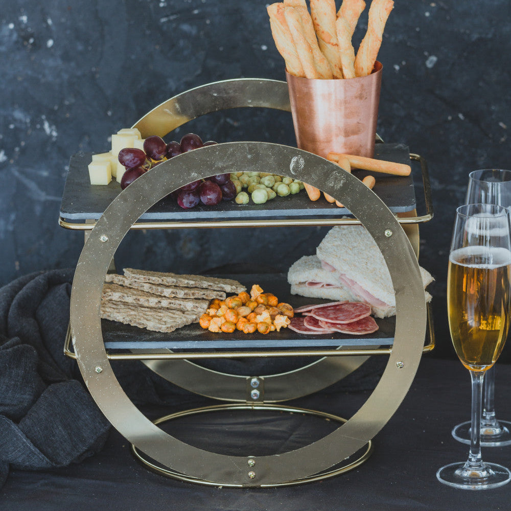 Artesà Geometric Brass Serving Stand with Slate Platters