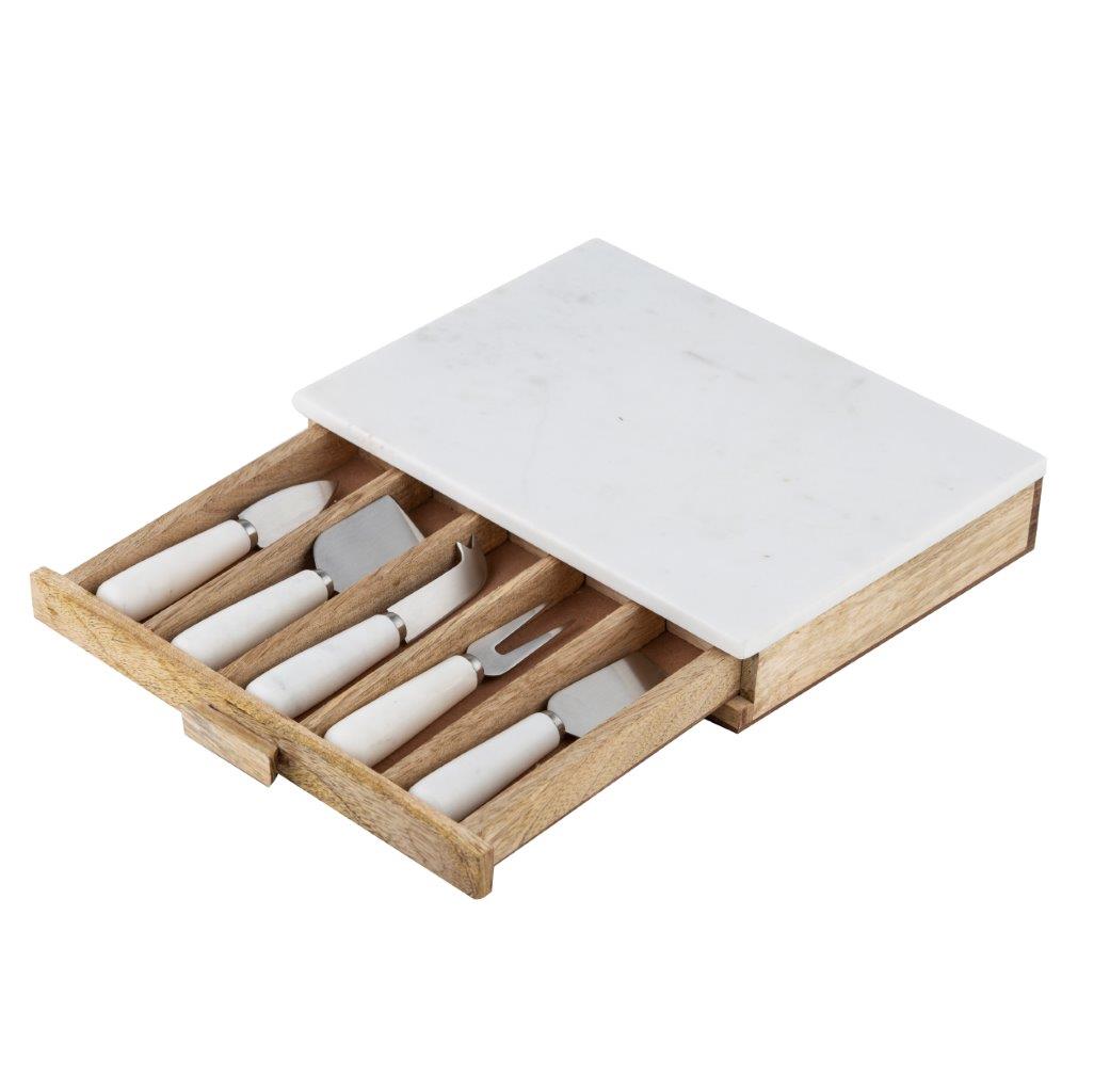 Academy Eliot Cheese Knife & Board 6 Piece Set White & Natural