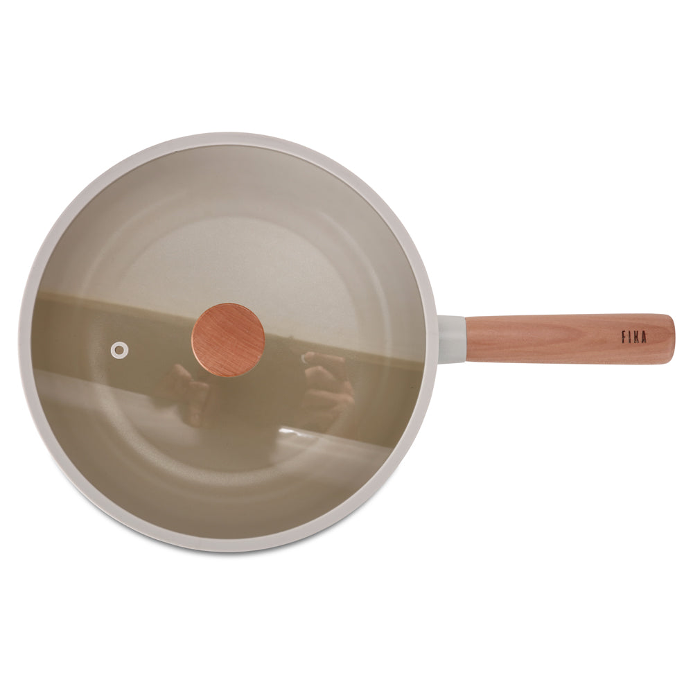Neoflam Fika 30cm Wok Induction with silicone rim glass lid