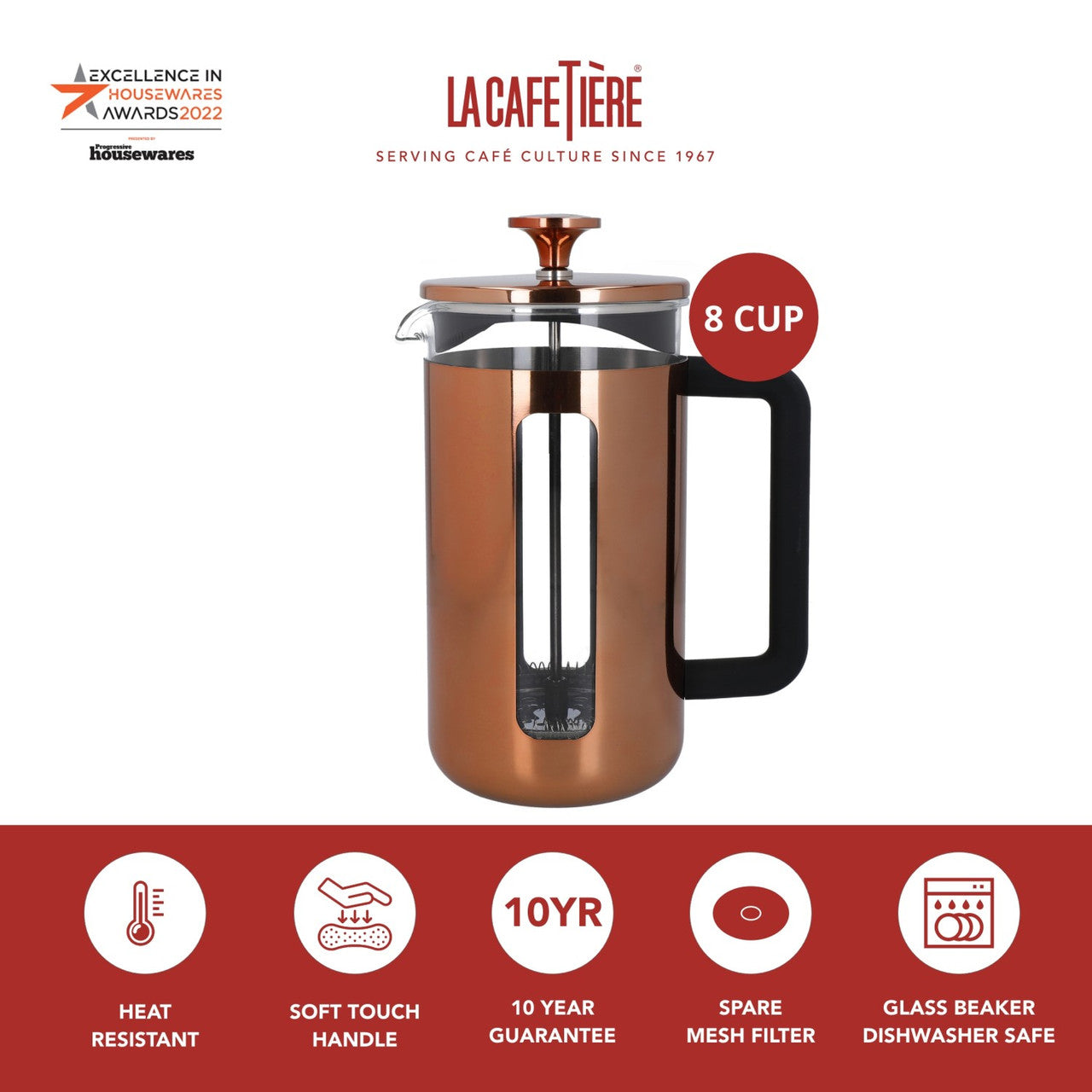 La Cafetière Pisa Stainless Steel Cafetière 8 Cup / 1L (Copper)