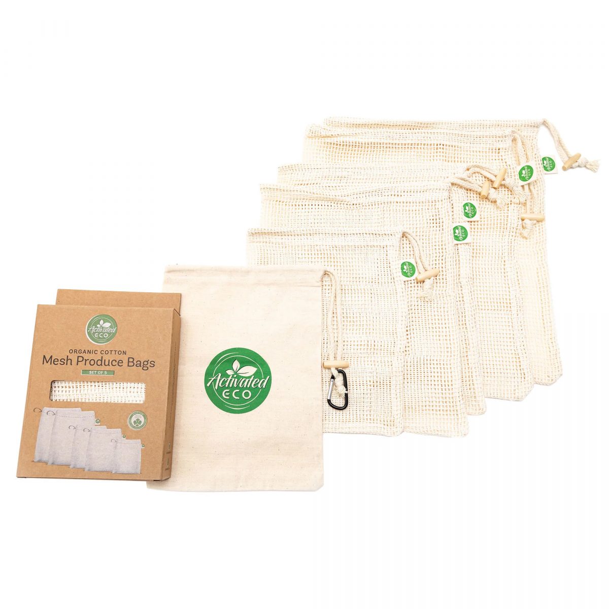 Activated Eco Organic Cotton Mesh Produce Bags - Set of 5