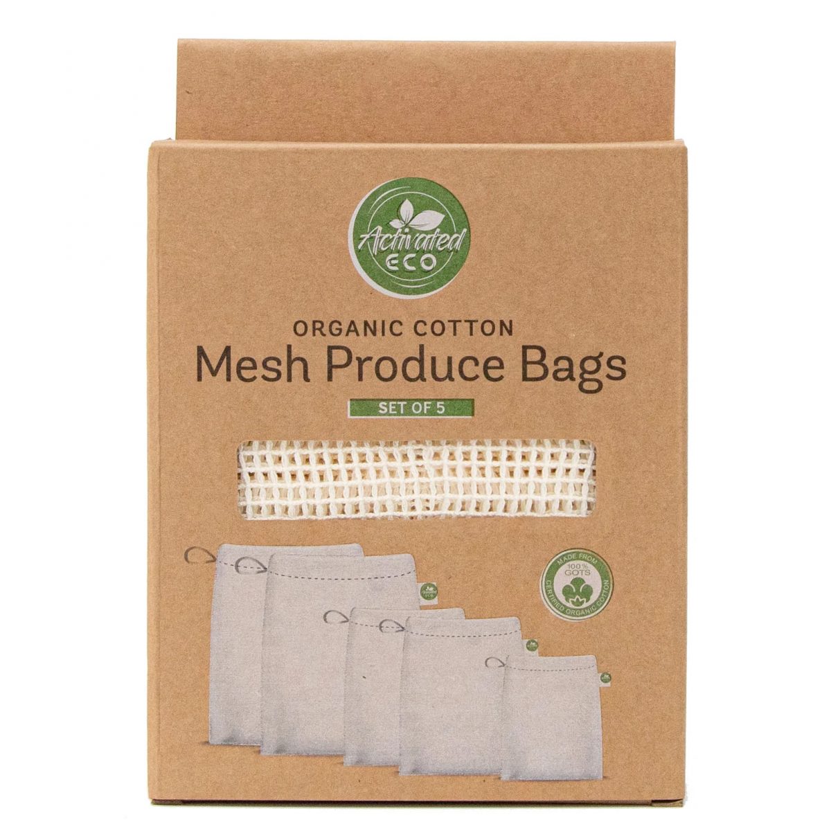 Activated Eco Organic Cotton Mesh Produce Bags - Set of 5