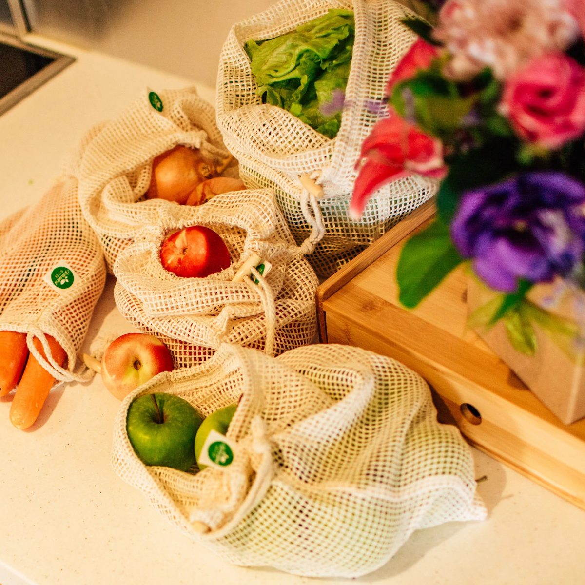 Activated Eco Organic Cotton Mesh Produce Bags - Set of 5