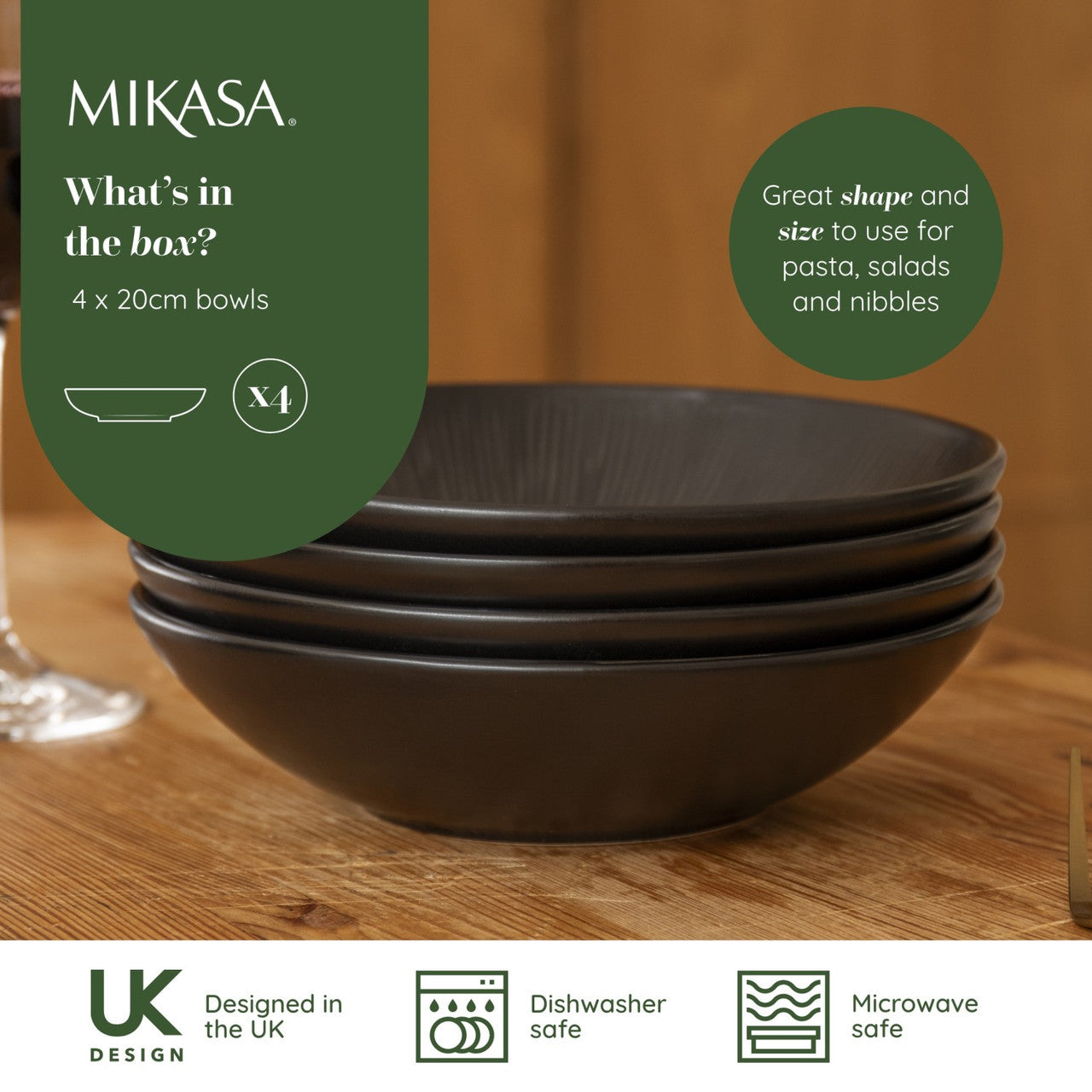 Mikasa Jardin Midnight Stoneware Pasta Bowl Set 4 Piece 20cm (Black)