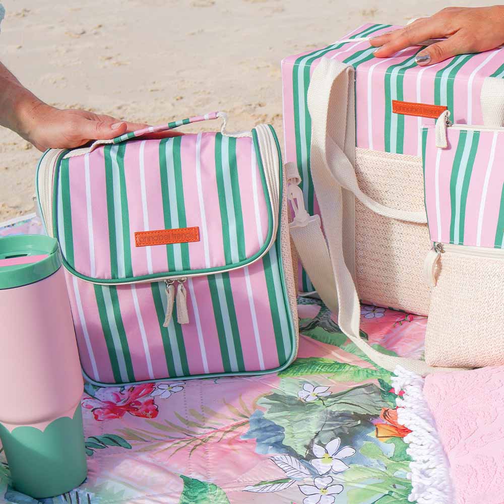 Annabel Trends Picnic Lunch Bag Rattan Detail Pink & Green Stripe