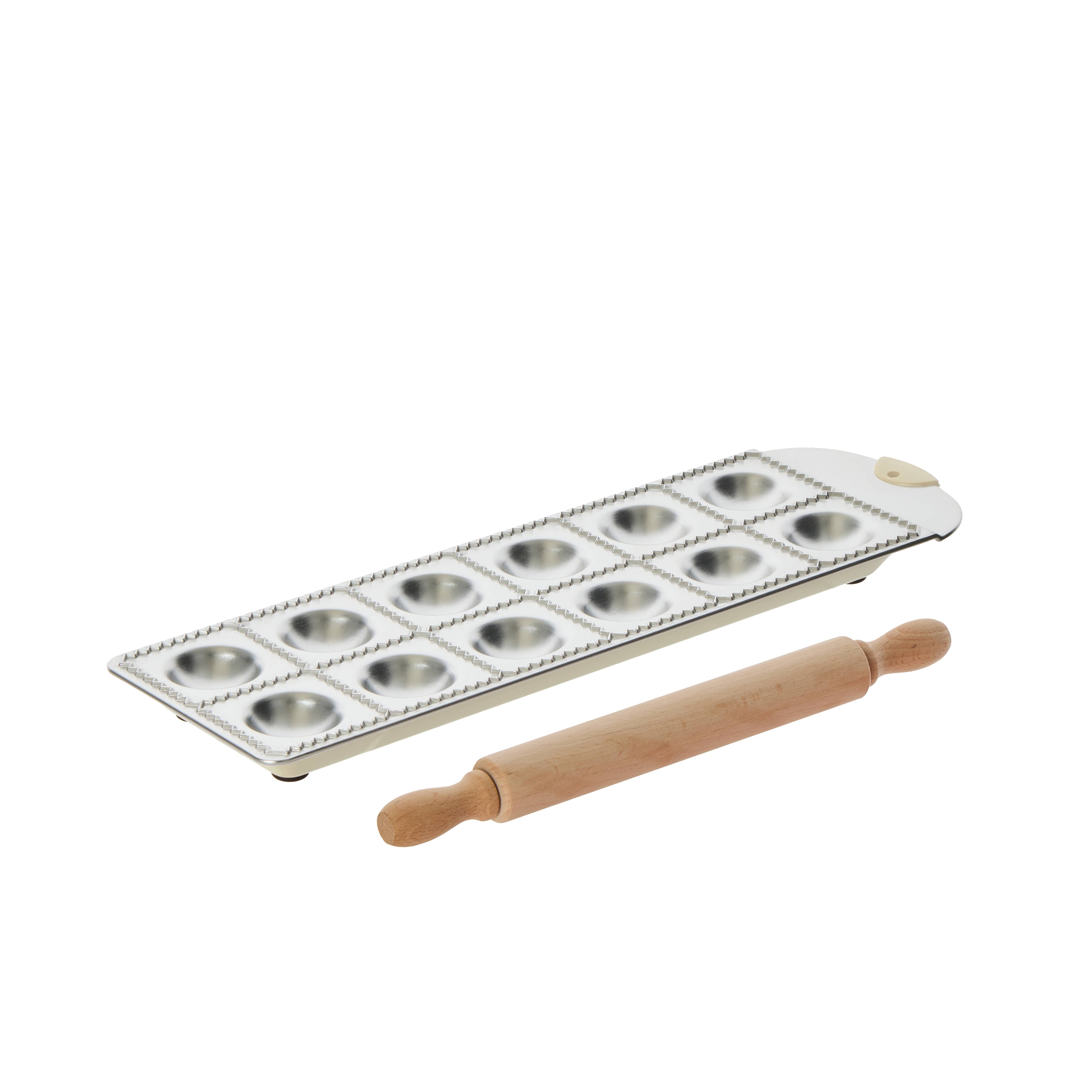 Davis & Waddell Ravioli Tray with Beechwood Rolling Pin Silver & Beechwood 37.5x11x2.3cm
