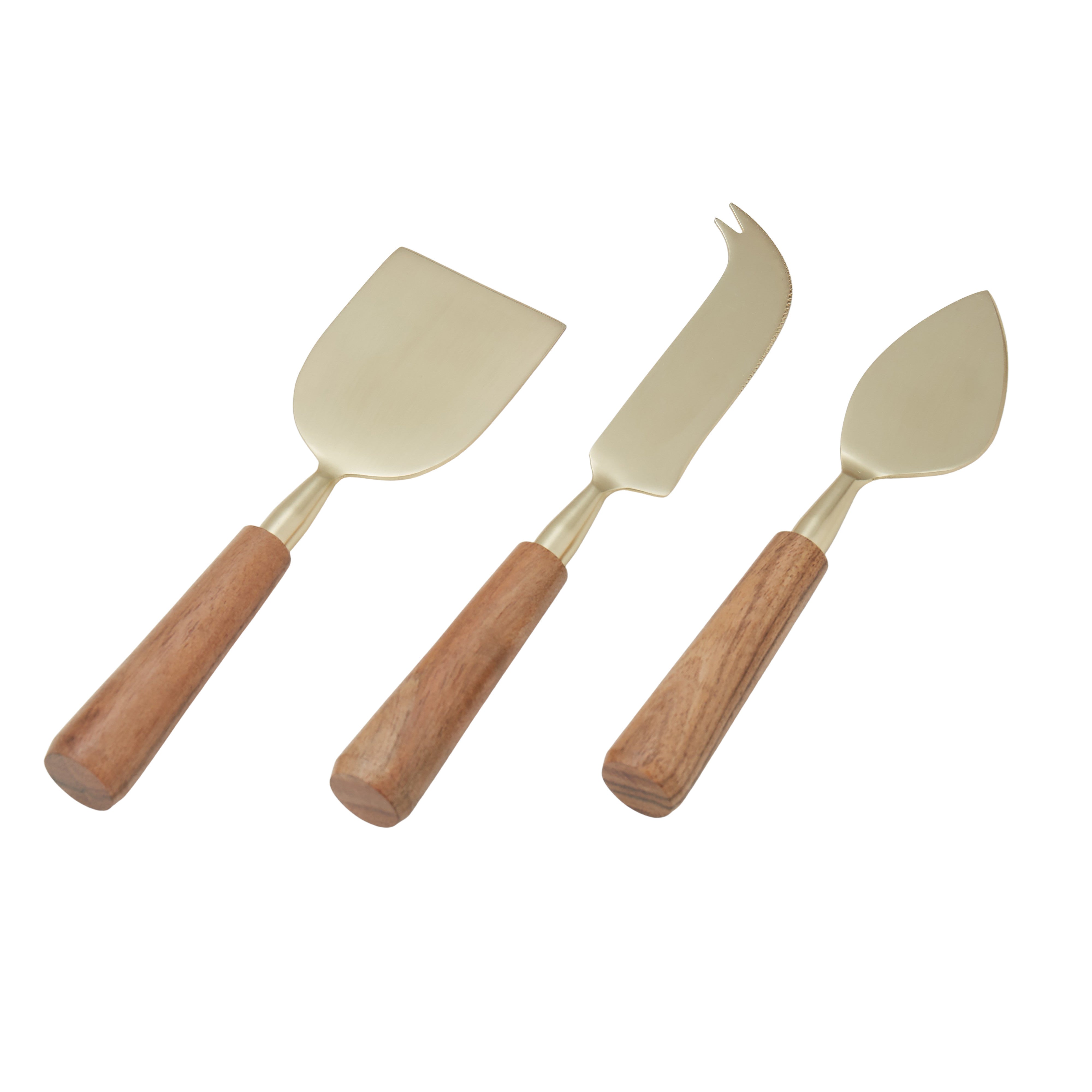 Amalfi Acacia Wood & Stainless Steel Cheese Knife 3 Piece Set Gold & Walnut