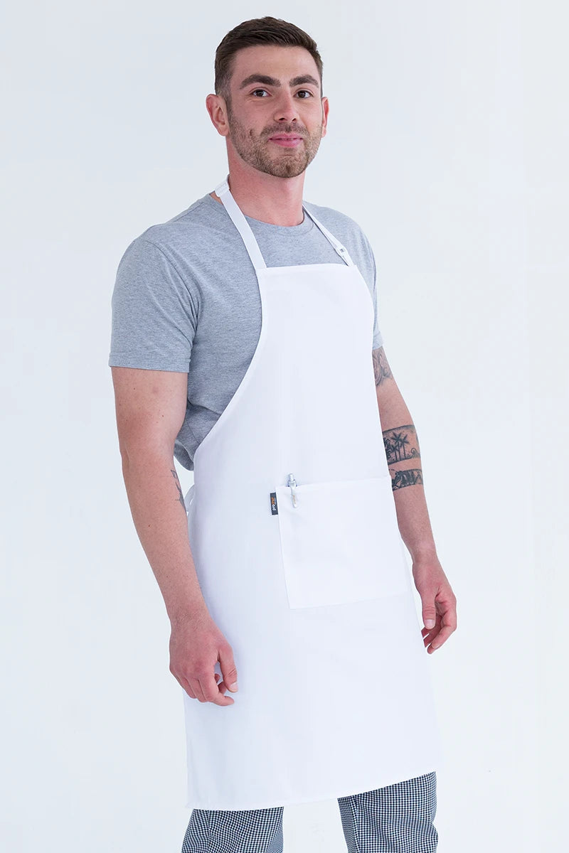 Aussie Chef Bib Apron W/Pocket - White