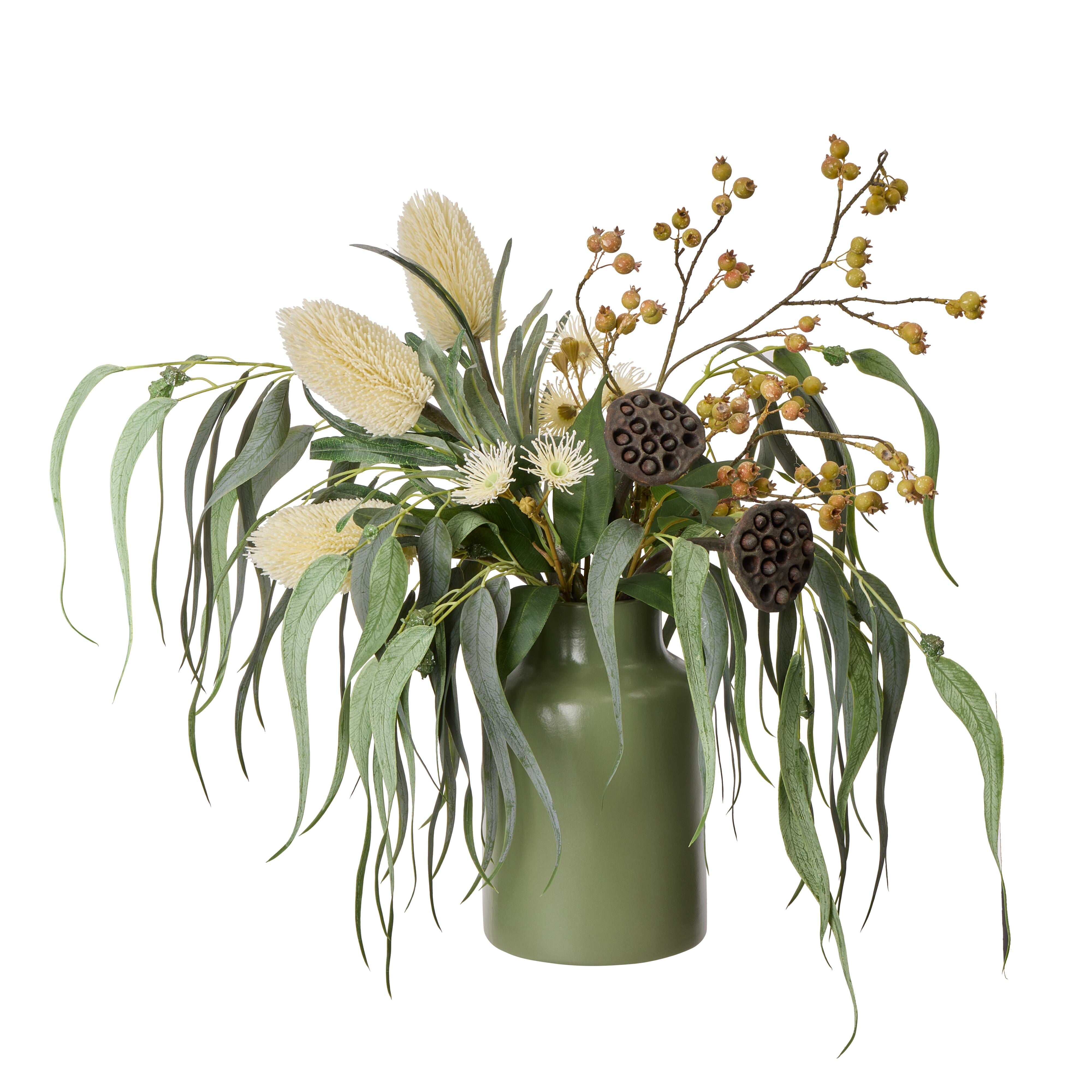 Rogue Banksia Berry Mix - Oakley Vase White & Green