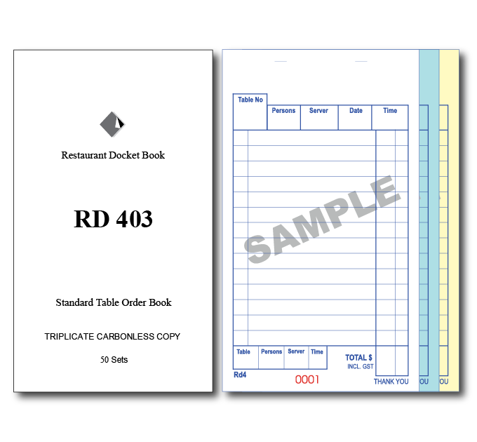 RD403 Carbonless Triplicate Standard Table Order Book (50 Sets)
