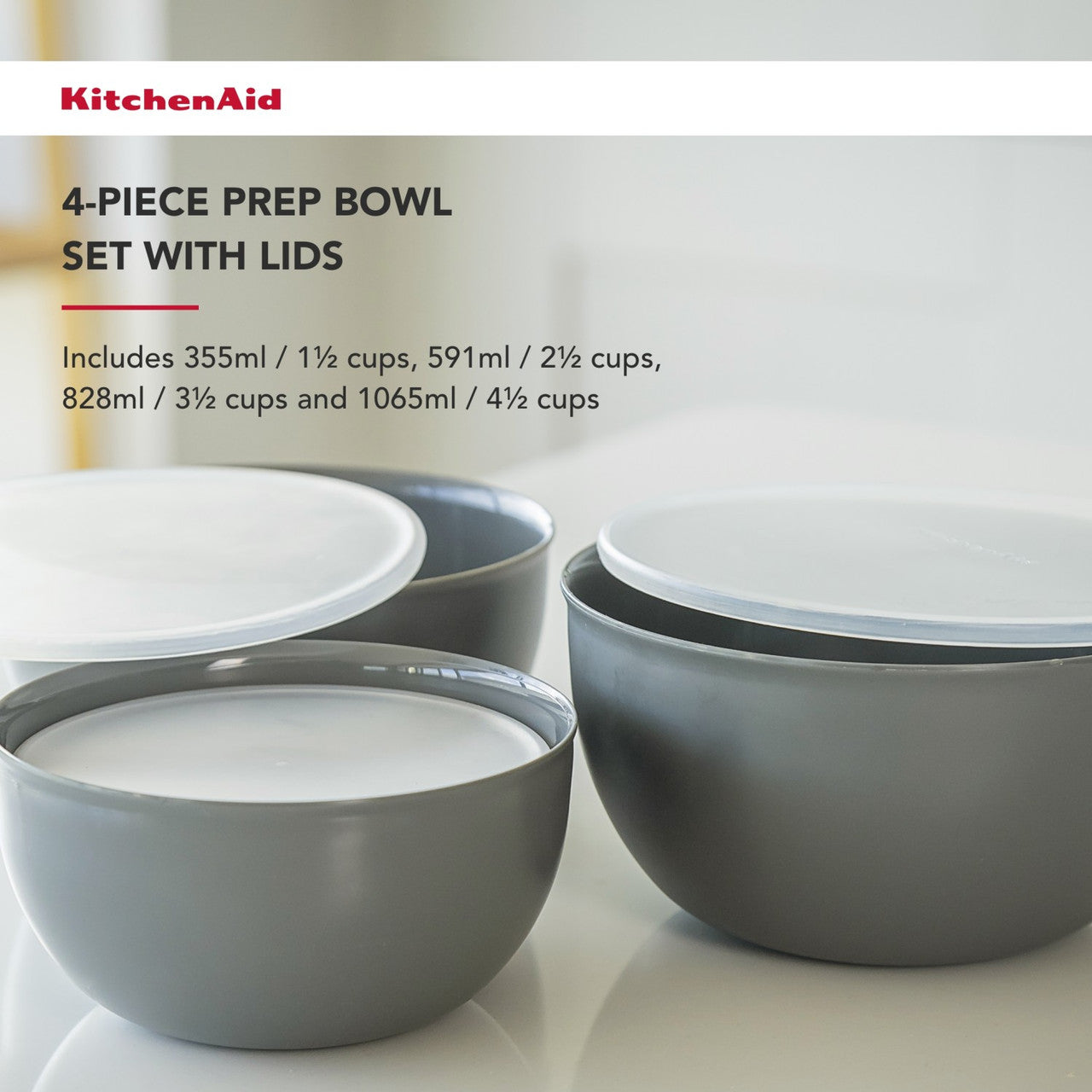 KitchenAid 4 Piece Meal Prep Bowl Set with Lids (Charcoal Grey)