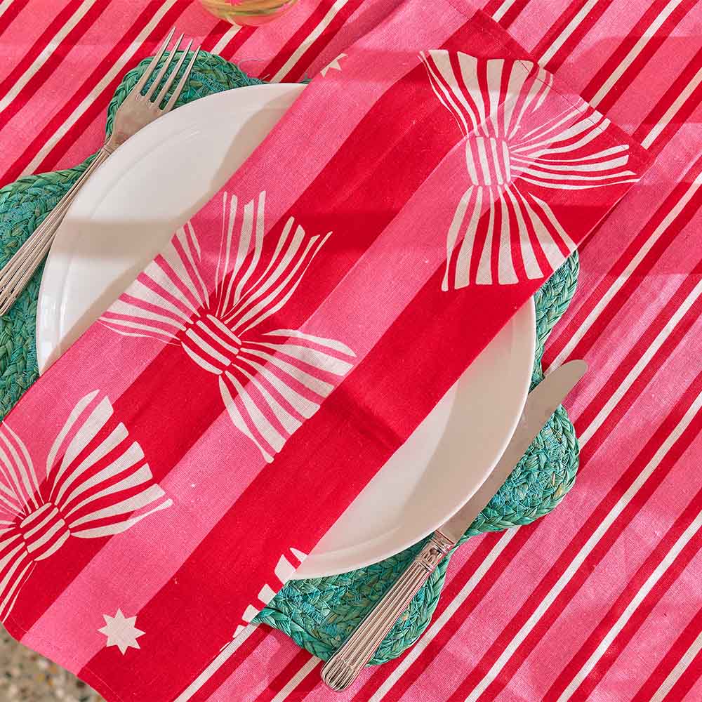 Annabel Trends Linen Cotton Napkin Set Red Pink Bow