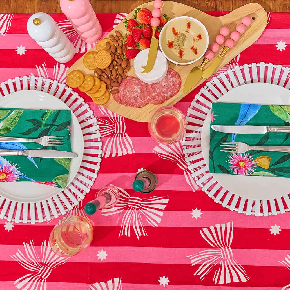 Annabel Trends Linen Cotton Tablecloth Red Pink Bow Large 138cm x 300cm