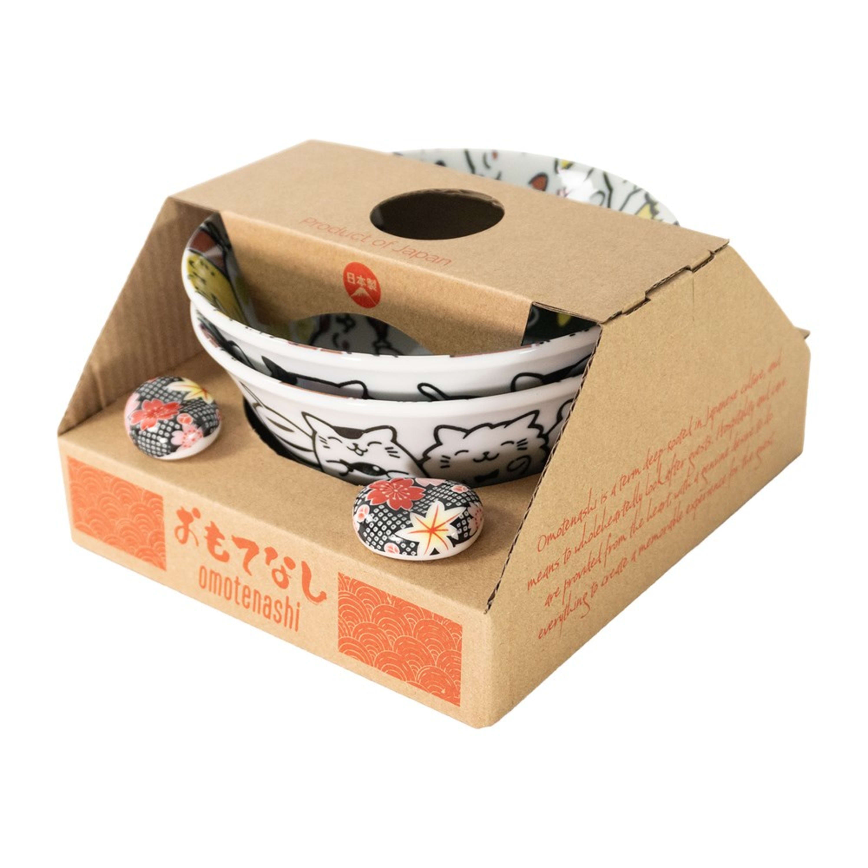 Omotenashi Purrfect Party Red 4 Piece Bowl & Chopstick Rest Set 15x7cm