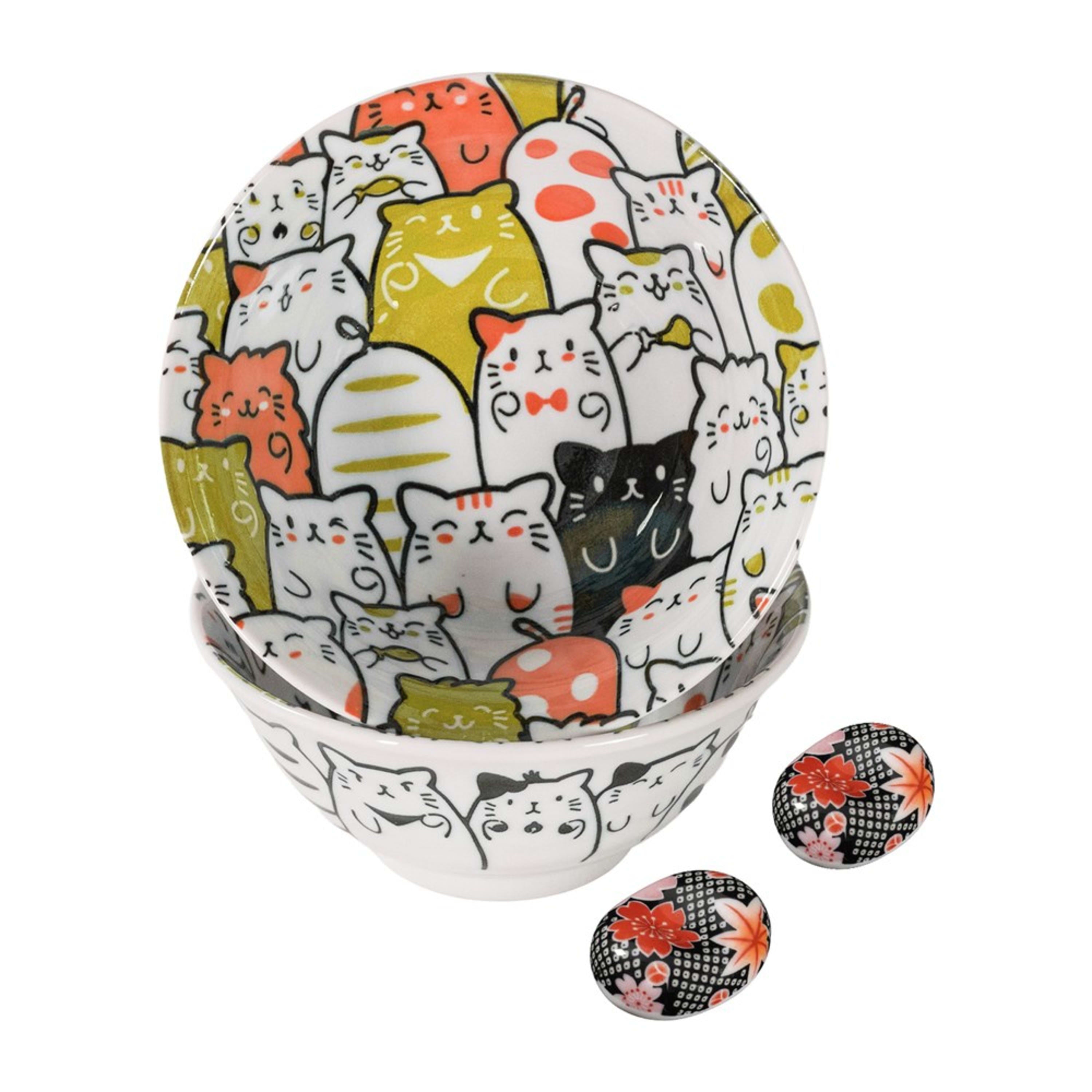Omotenashi Purrfect Party Red 4 Piece Bowl & Chopstick Set 15x7cm