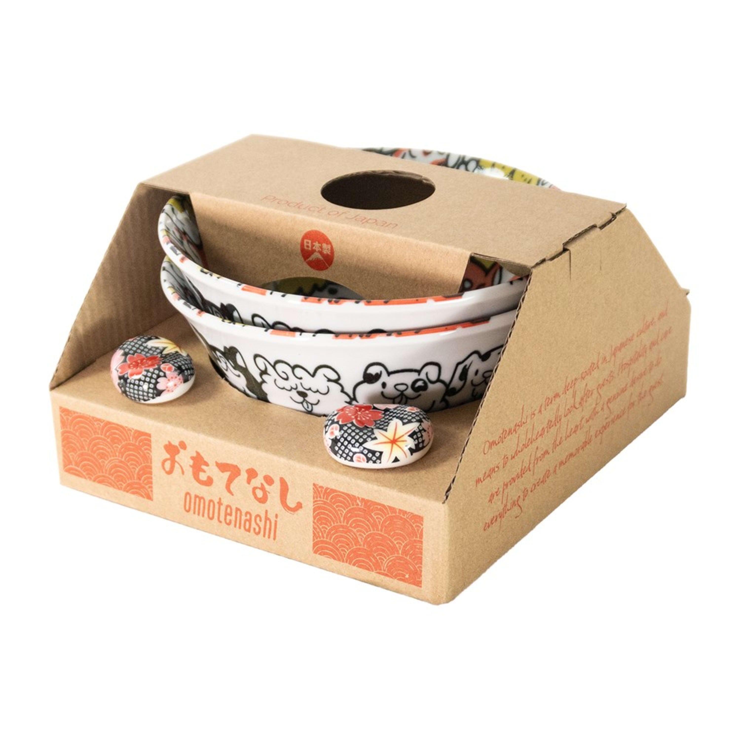 Omotenashi Puppy Party Red 4 Piece Bowl & Chopstick Rest Set 15x7cm