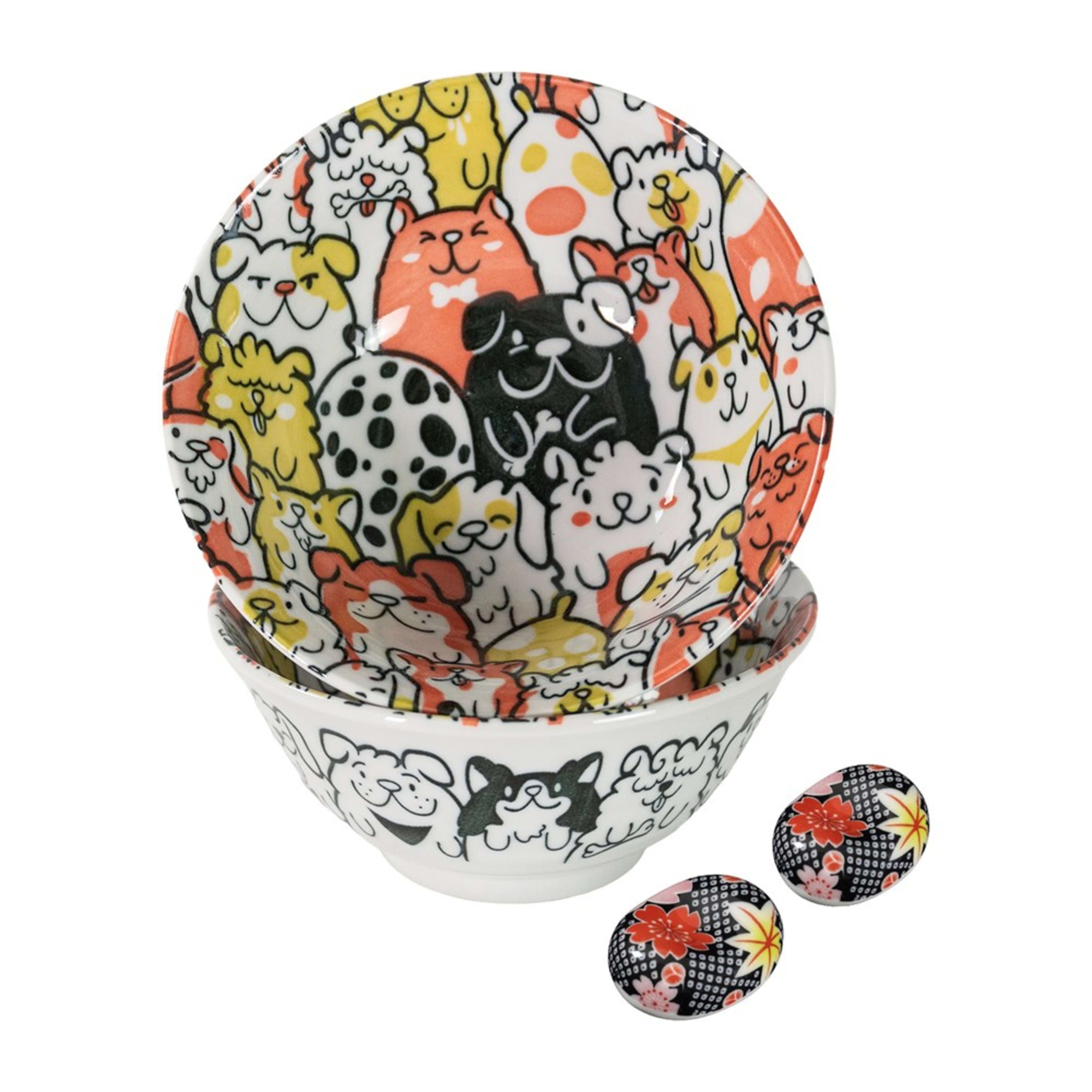 Omotenashi Puppy Party Red 4 Piece Bowl & Chopstick Rest Set 15x7cm