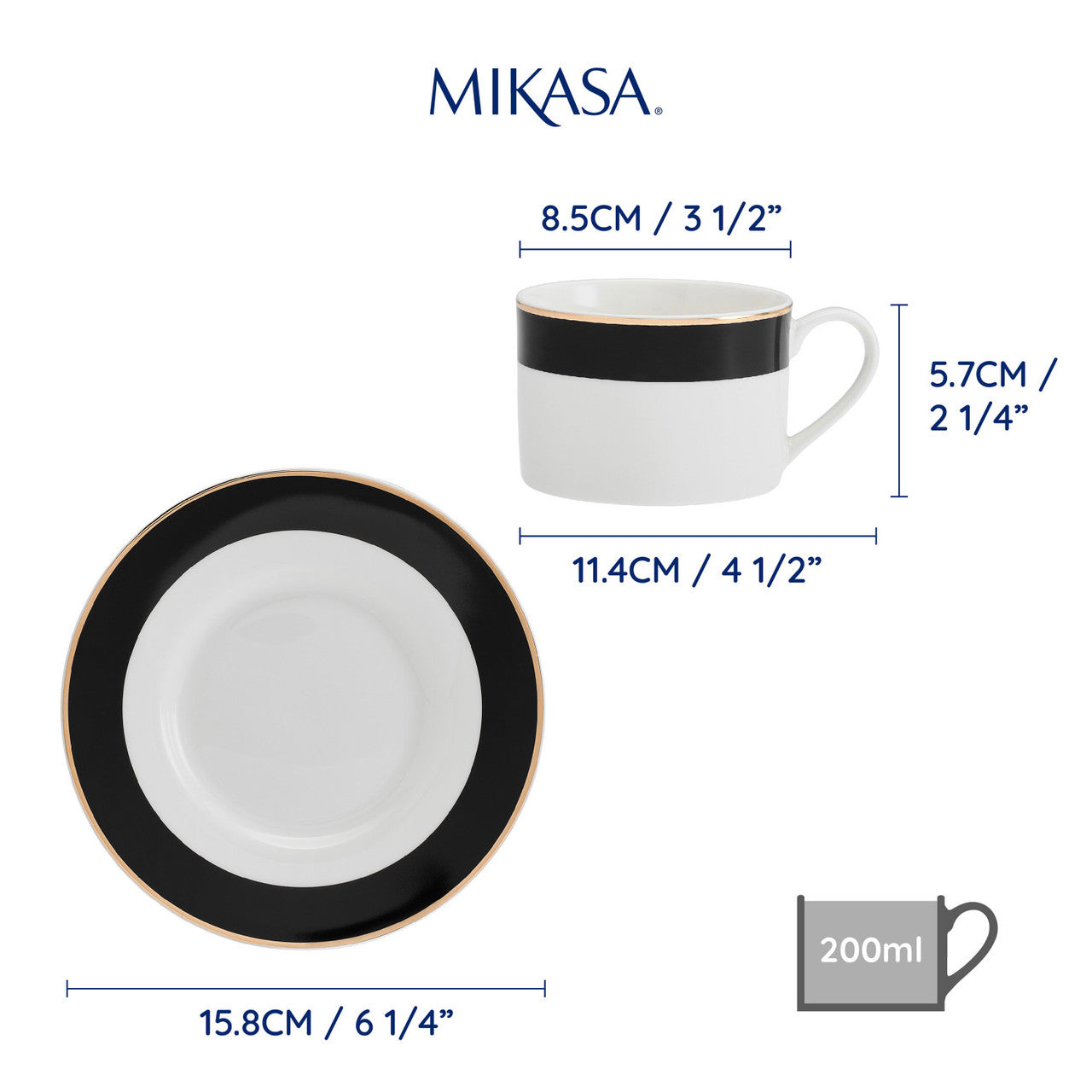 Mikasa Luxe Deco Fine China Tea Cup & Saucer Set 2 Piece 200ml (Band Pattern)