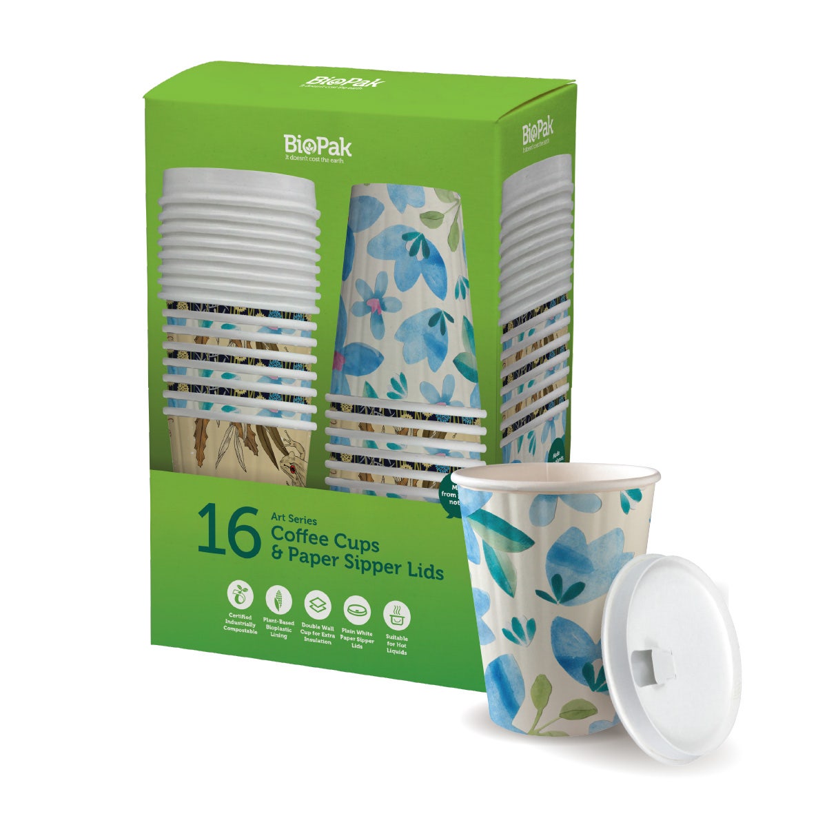 BioPak 16 Pack - 390ml / 12oz Double Wall BioCup & Paper Lid