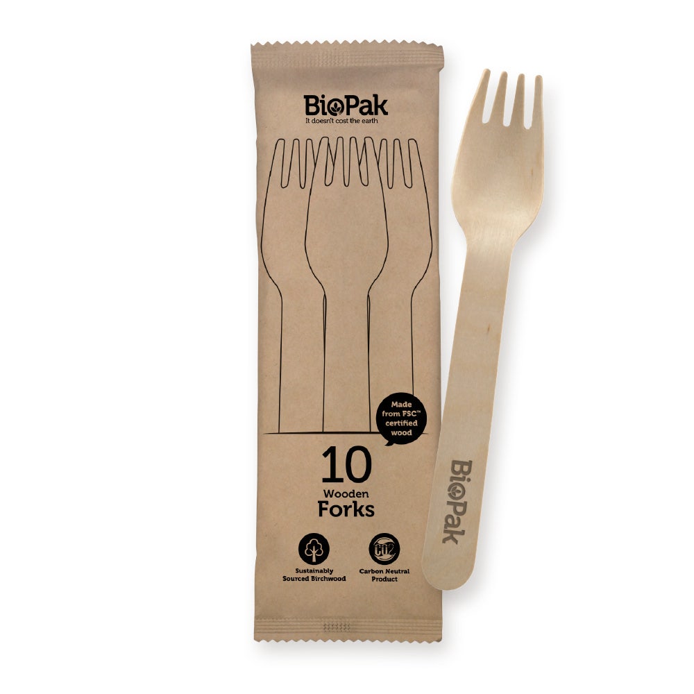 BioPak 10 Pack - 16cm Wooden Fork In Paper Sleeves