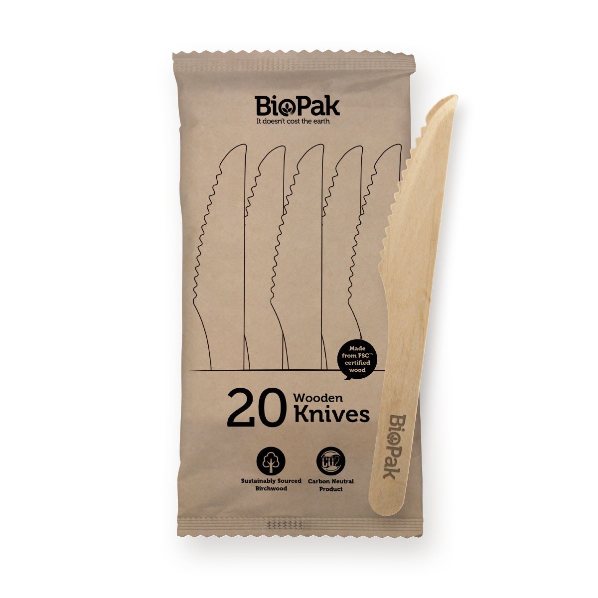 BioPak 25 Pack - 16cm Wooden Knife In Paper Sleeves