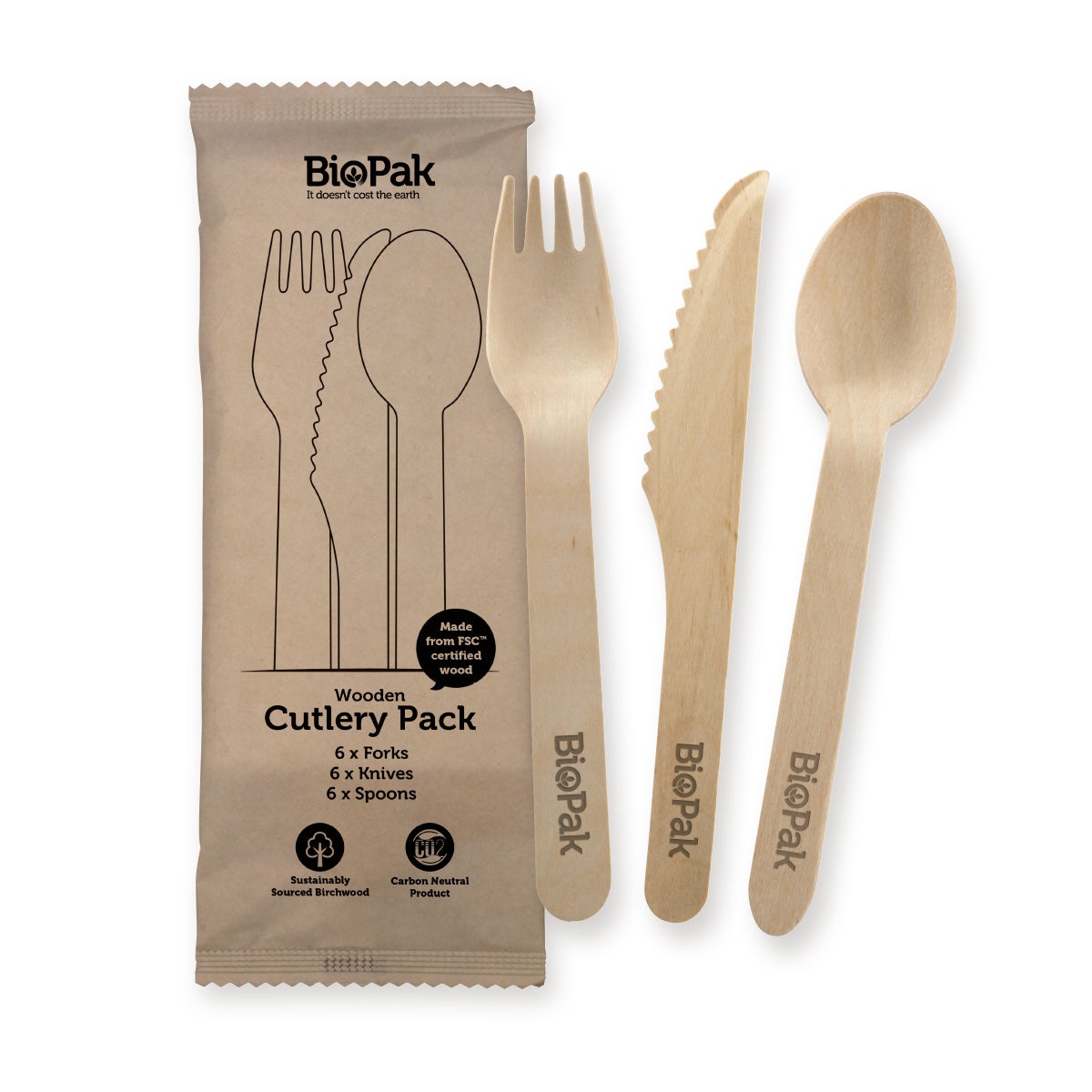 BioPak 18 Pack - 16cm Wooden Knife, Fork & Spoon
