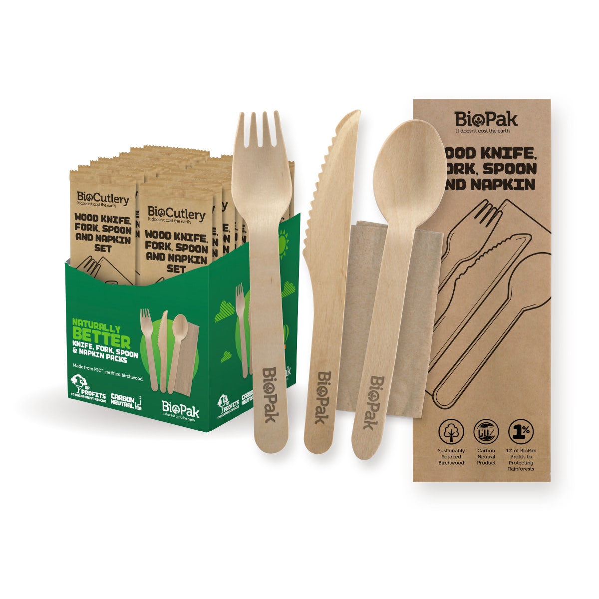 BioPak 16cm FSC™ Wood Fork, Knife, Spoon & Napkin Sets