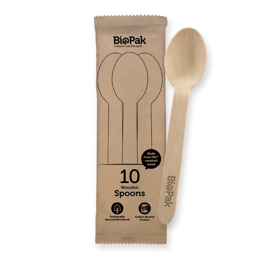 BioPak 10 Pack - 16cm Wooden Spoon In Paper Sleeves