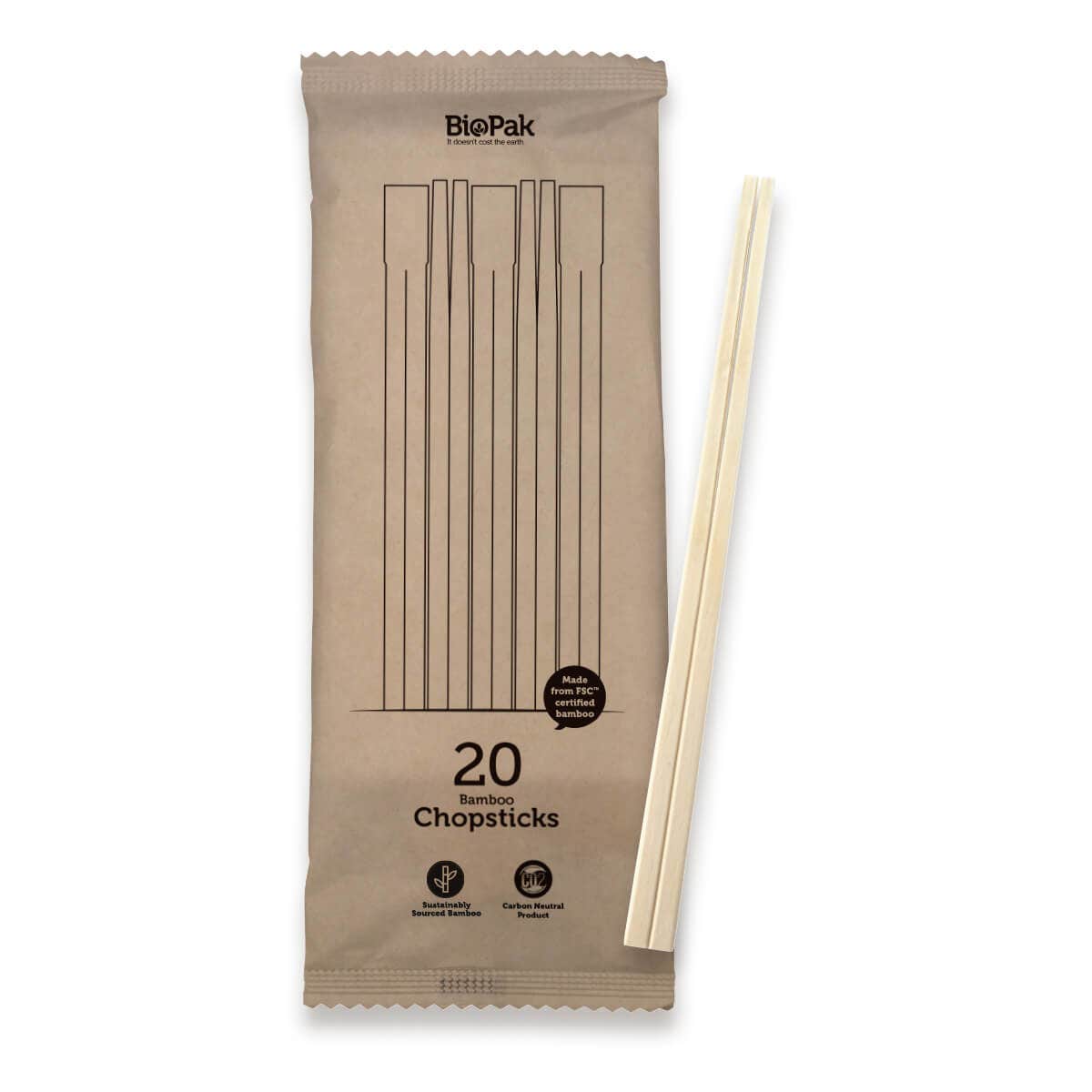 BioPak 20 Pack - 21cm Bamboo Chopsticks in Paper Sleeve