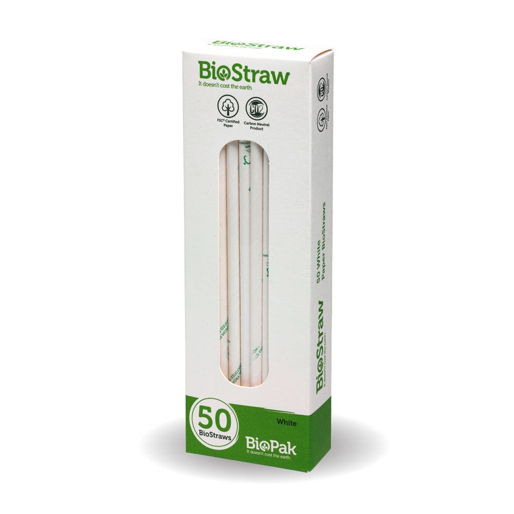 BioPak 50 Pack - 6mm White Regular Straws