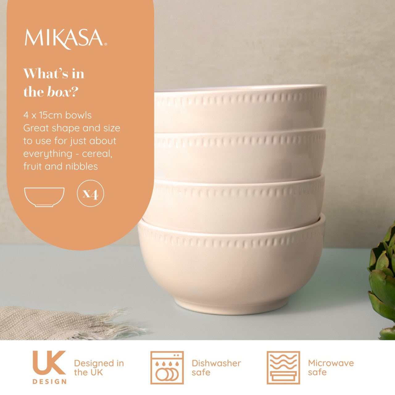 Mikasa Cranborne Stoneware Cereal Bowl Set 4 Piece 15cm (Cream)